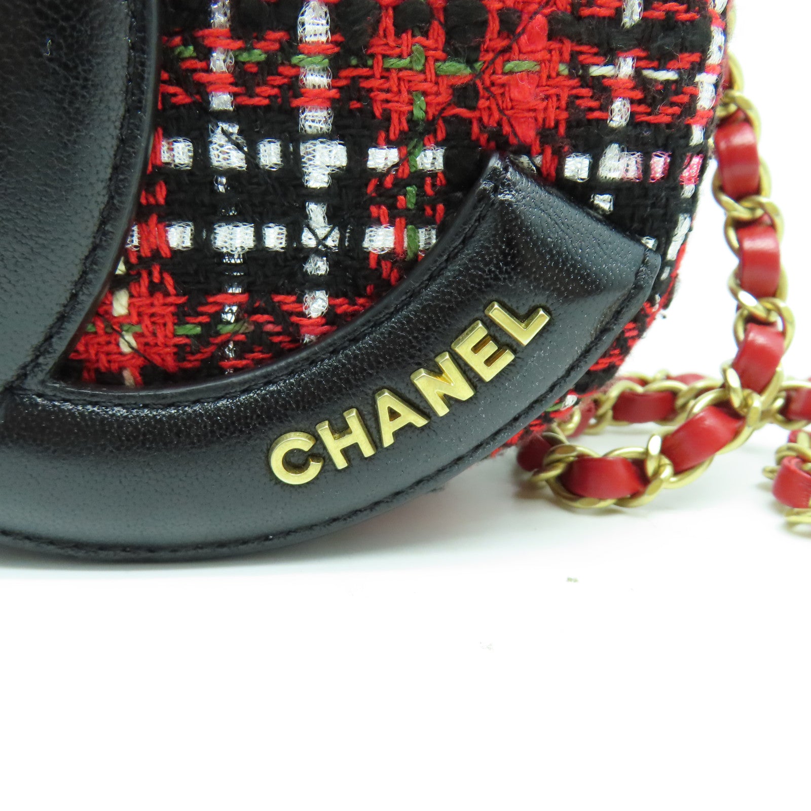 CHANEL 斜紋軟呢Chain Shoulder金扣鏈帶肩背袋紅色/黑色