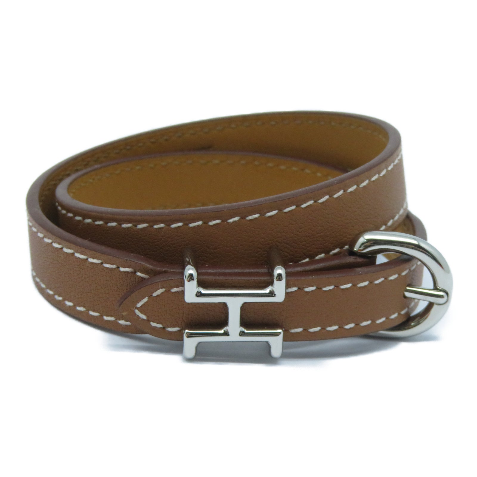 HERMES 皮革Trench Bracelet銀扣手鐲Gold經典駝色