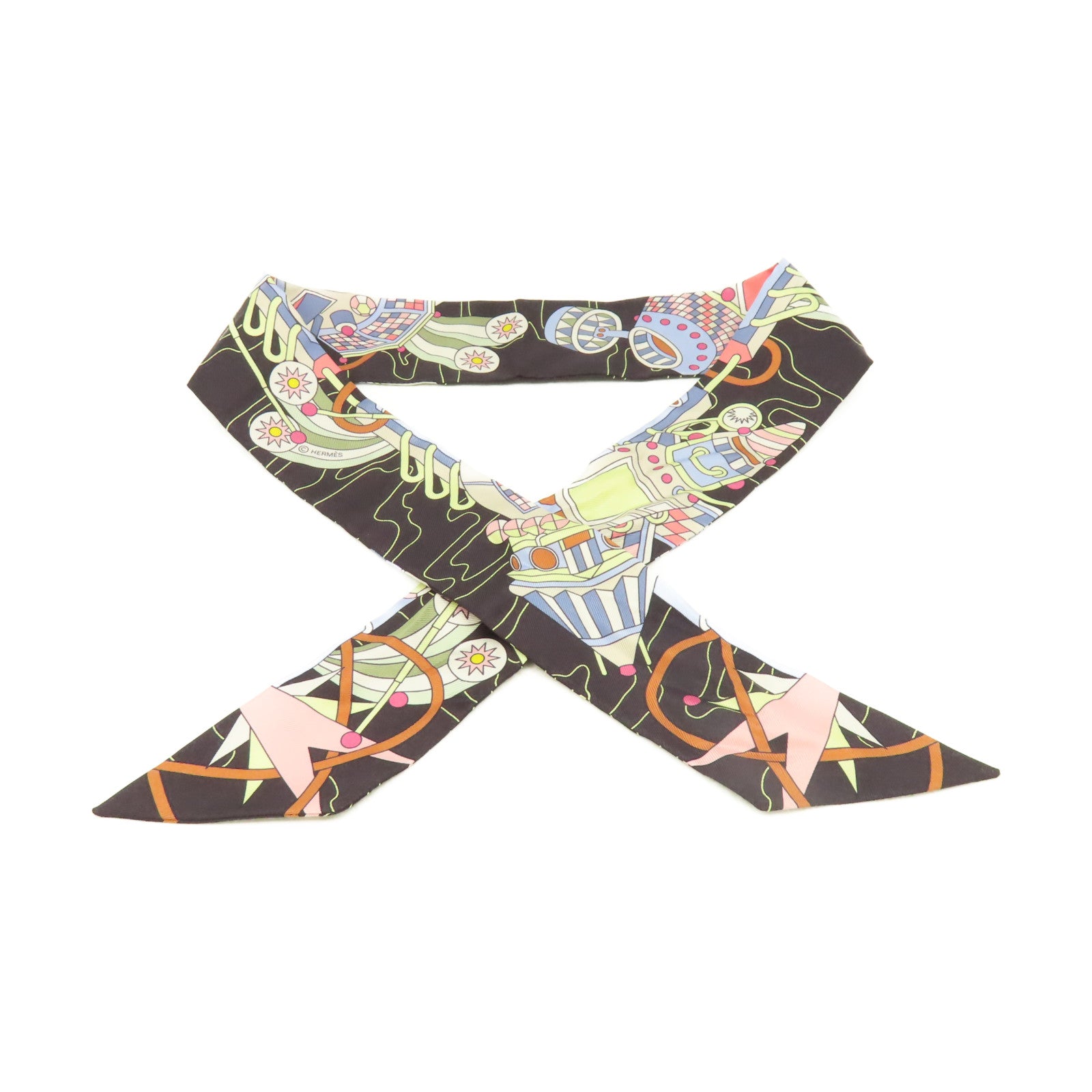 HERMES 絲質Twilly Scarf絲巾黑色/粉紅色/彩色
