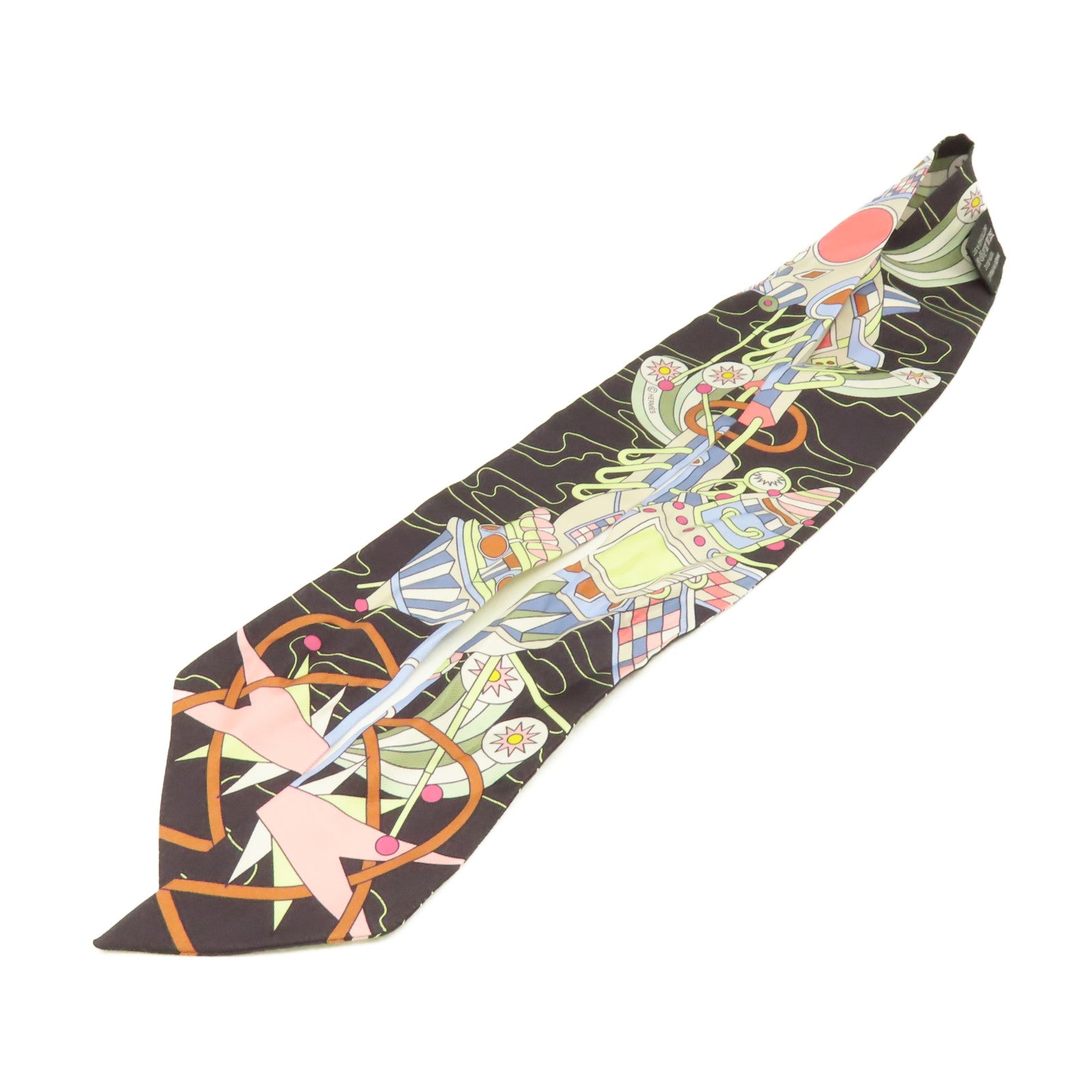 HERMES 絲質Twilly Scarf絲巾黑色/粉紅色/彩色