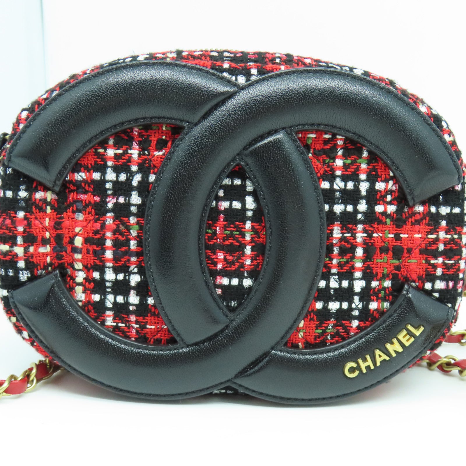 CHANEL 斜紋軟呢Chain Shoulder金扣鏈帶肩背袋紅色/黑色