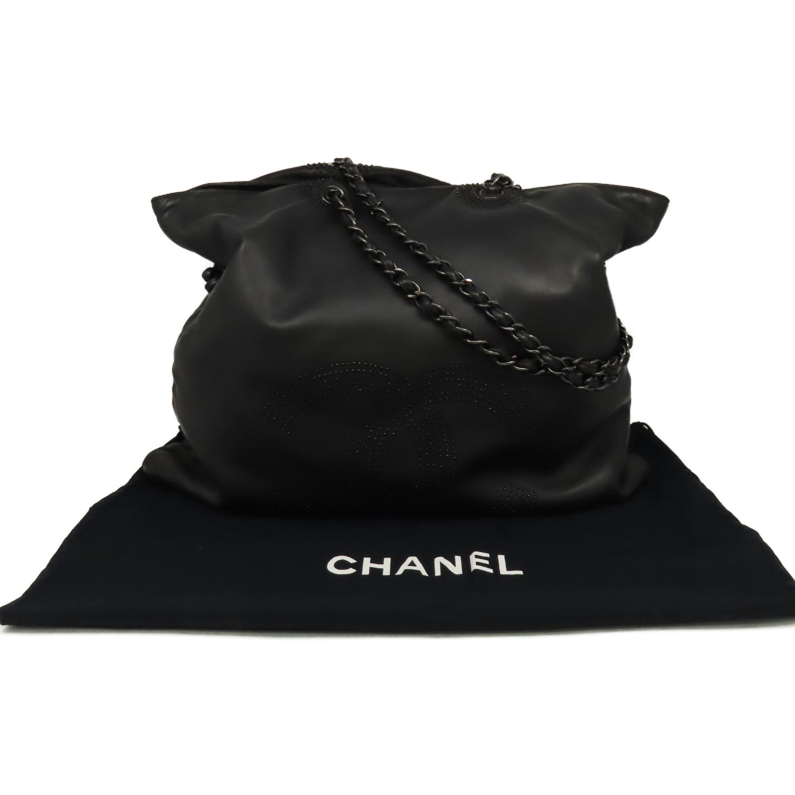 CHANEL 羊皮皮革Chain Shoulder Bag銀扣鏈帶肩背袋黑色