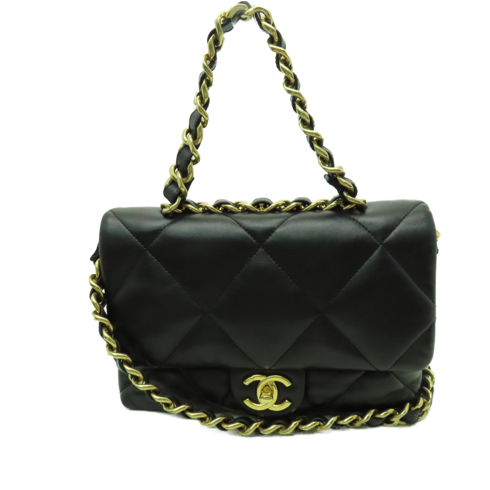 CHANEL 菱格羊皮皮革Chain Shoulder金扣手挽肩背兩用袋黑色