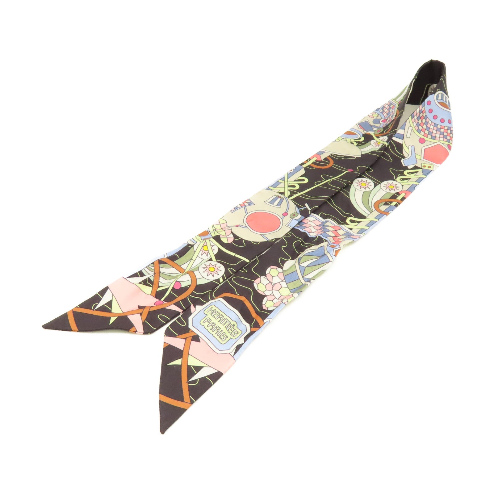 HERMES 絲質Twilly Scarf絲巾黑色/粉紅色/彩色