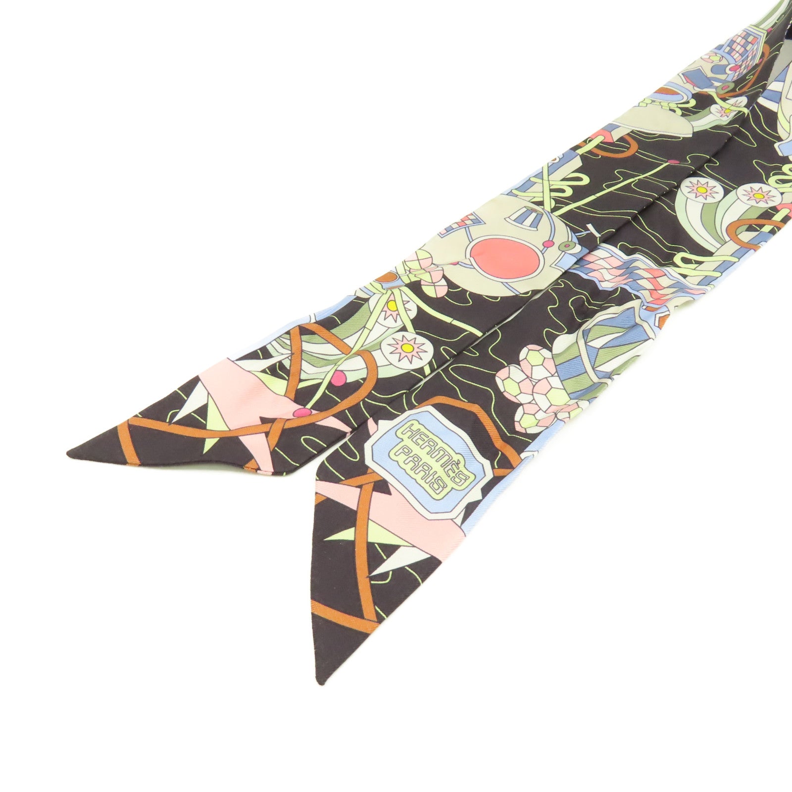 HERMES 絲質Twilly Scarf絲巾黑色/粉紅色/彩色