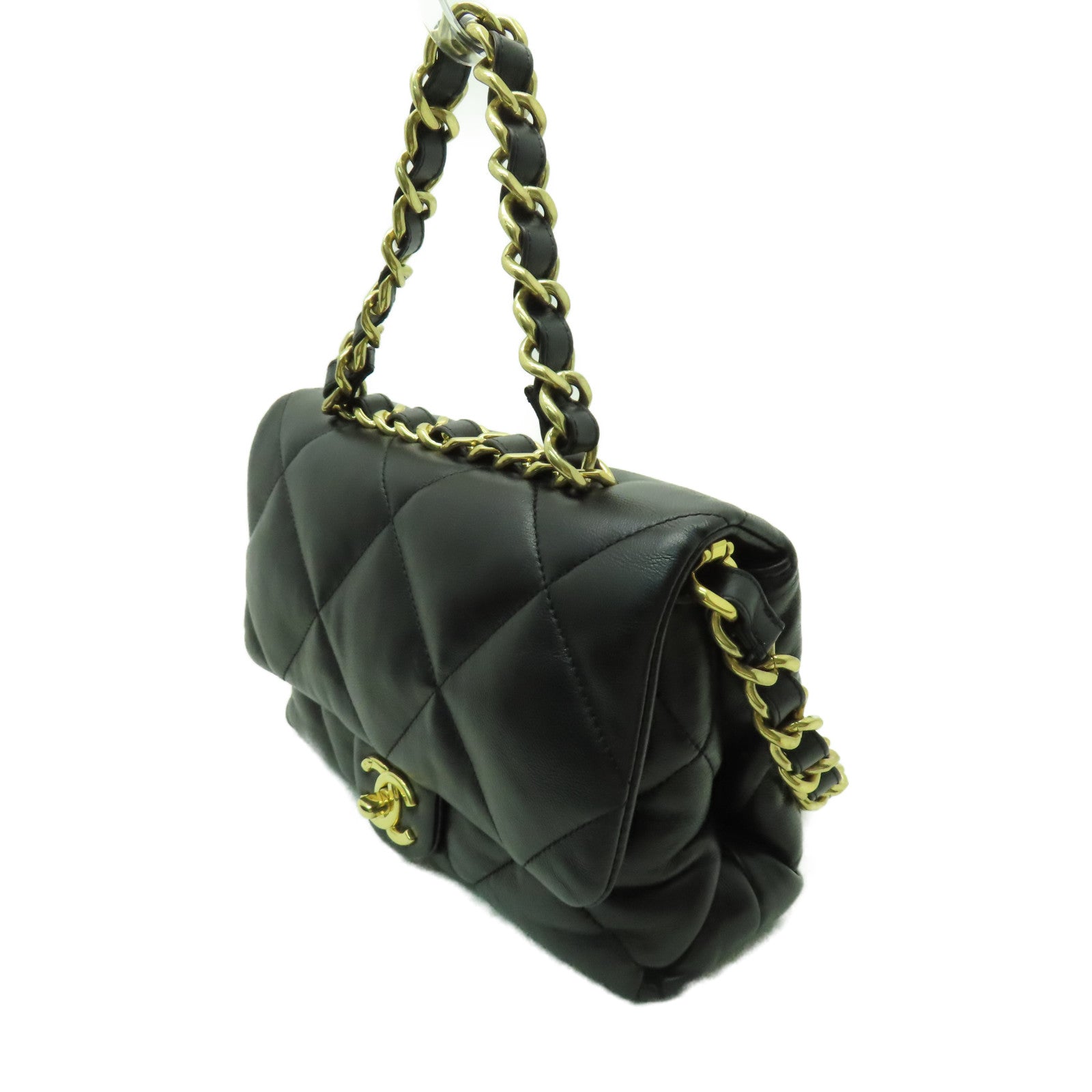 CHANEL 菱格羊皮皮革Chain Shoulder金扣手挽肩背兩用袋黑色