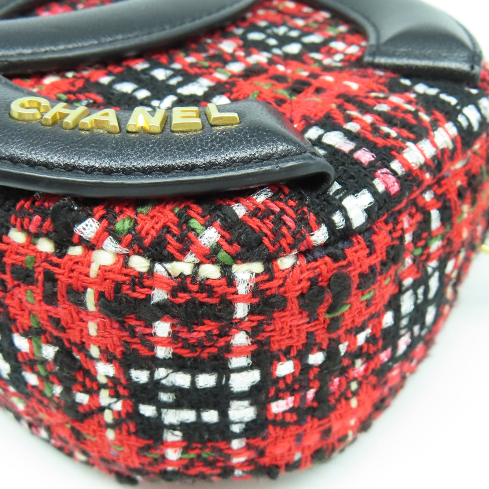 CHANEL 斜紋軟呢Chain Shoulder金扣鏈帶肩背袋紅色/黑色