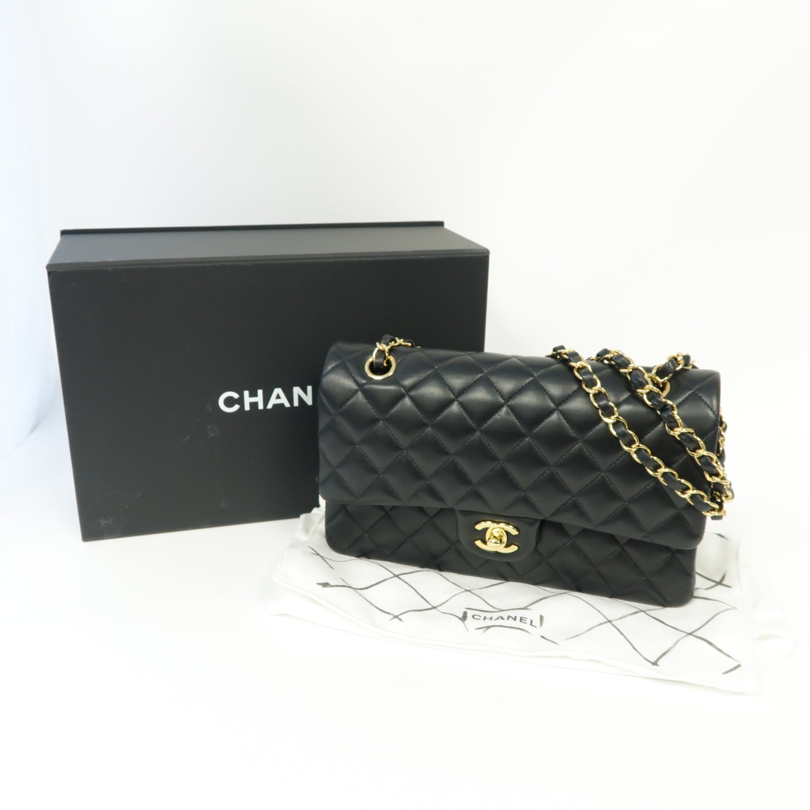 CHANEL 菱格羊皮皮革Classic 25金扣鏈帶肩背袋黒色