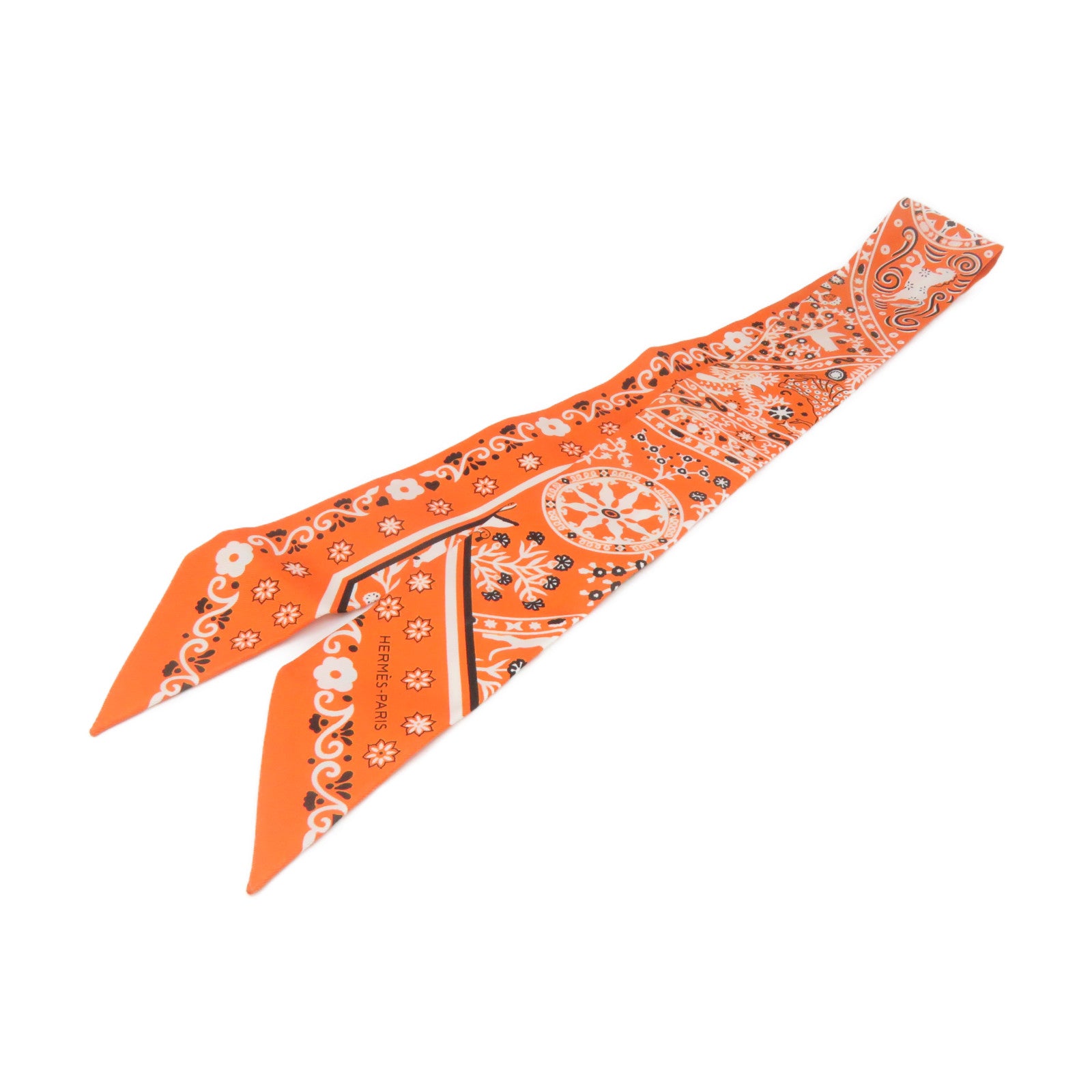 HERMES 絲質Twilly絲巾橙色/黑色/白色