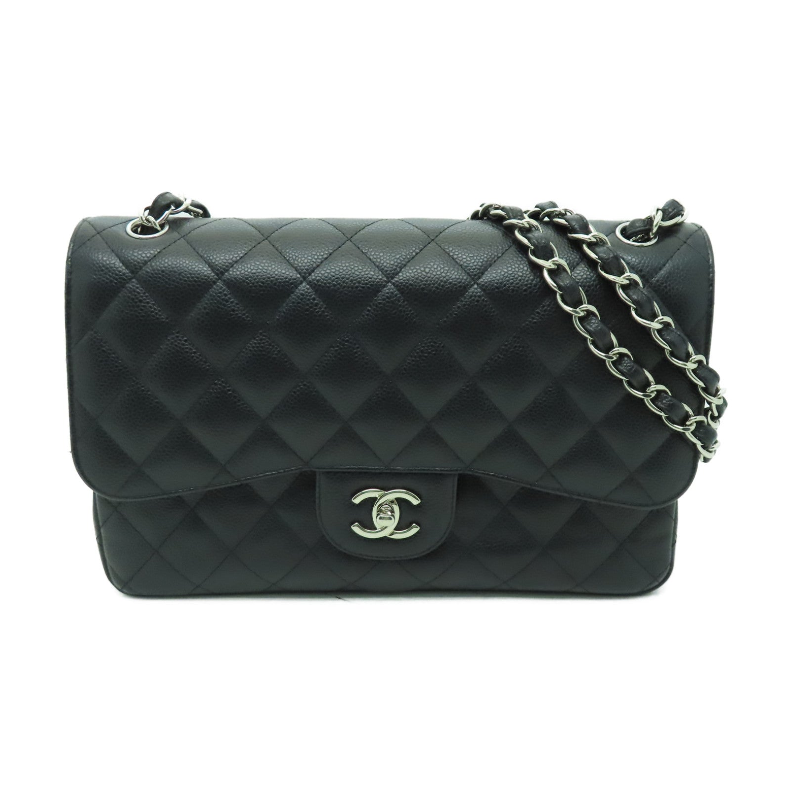 CHANEL 菱格Caviar皮革Classic 30銀扣鏈帶肩背袋黒色