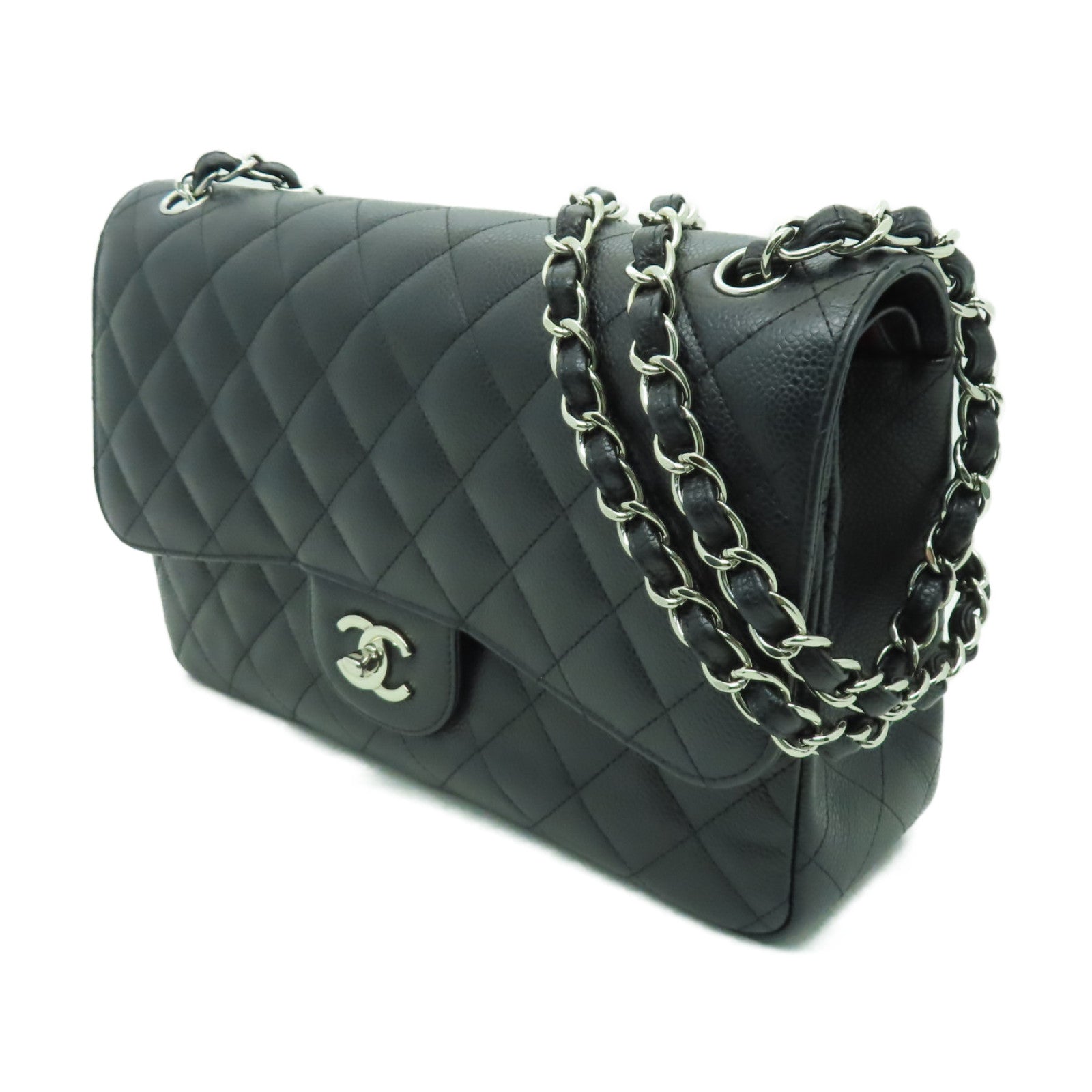 CHANEL 菱格Caviar皮革Classic 30銀扣鏈帶肩背袋黒色
