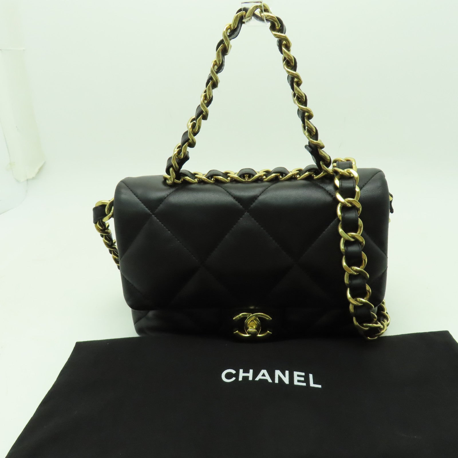 CHANEL 菱格羊皮皮革Chain Shoulder金扣手挽肩背兩用袋黑色