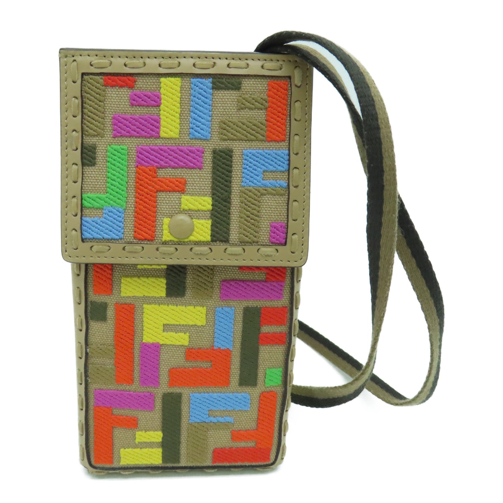 FENDI 帆布/皮革Phone Case金扣手機袋米色/彩色