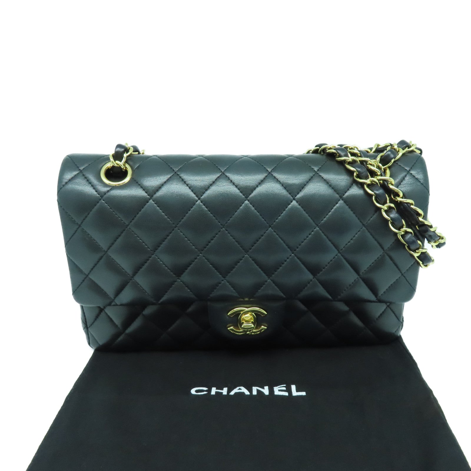 CHANEL 菱格羊皮皮革Classic Medium Bag金扣链带肩背袋黑色