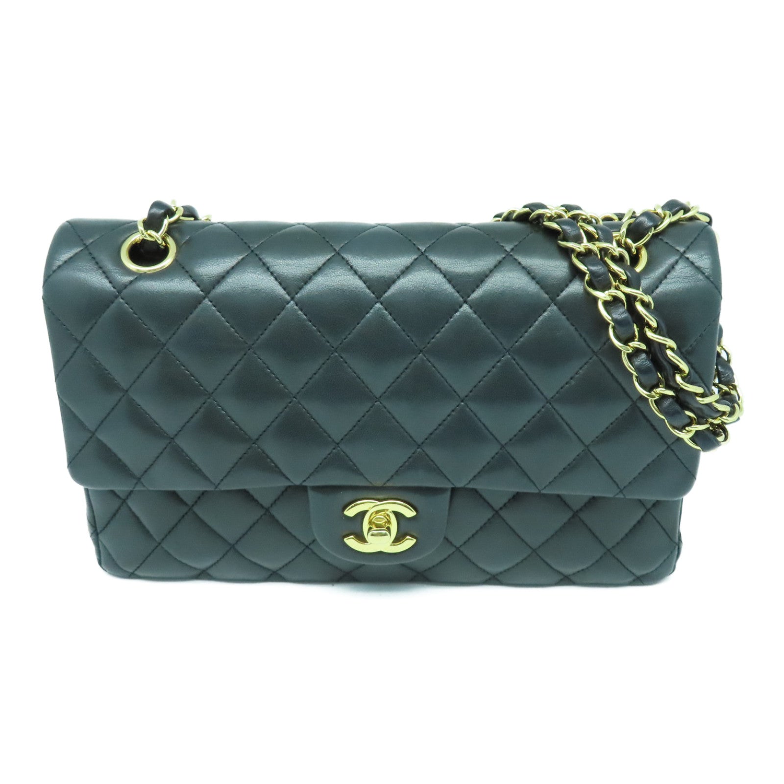 CHANEL 菱格羊皮皮革Classic Medium Bag金扣链带肩背袋黑色