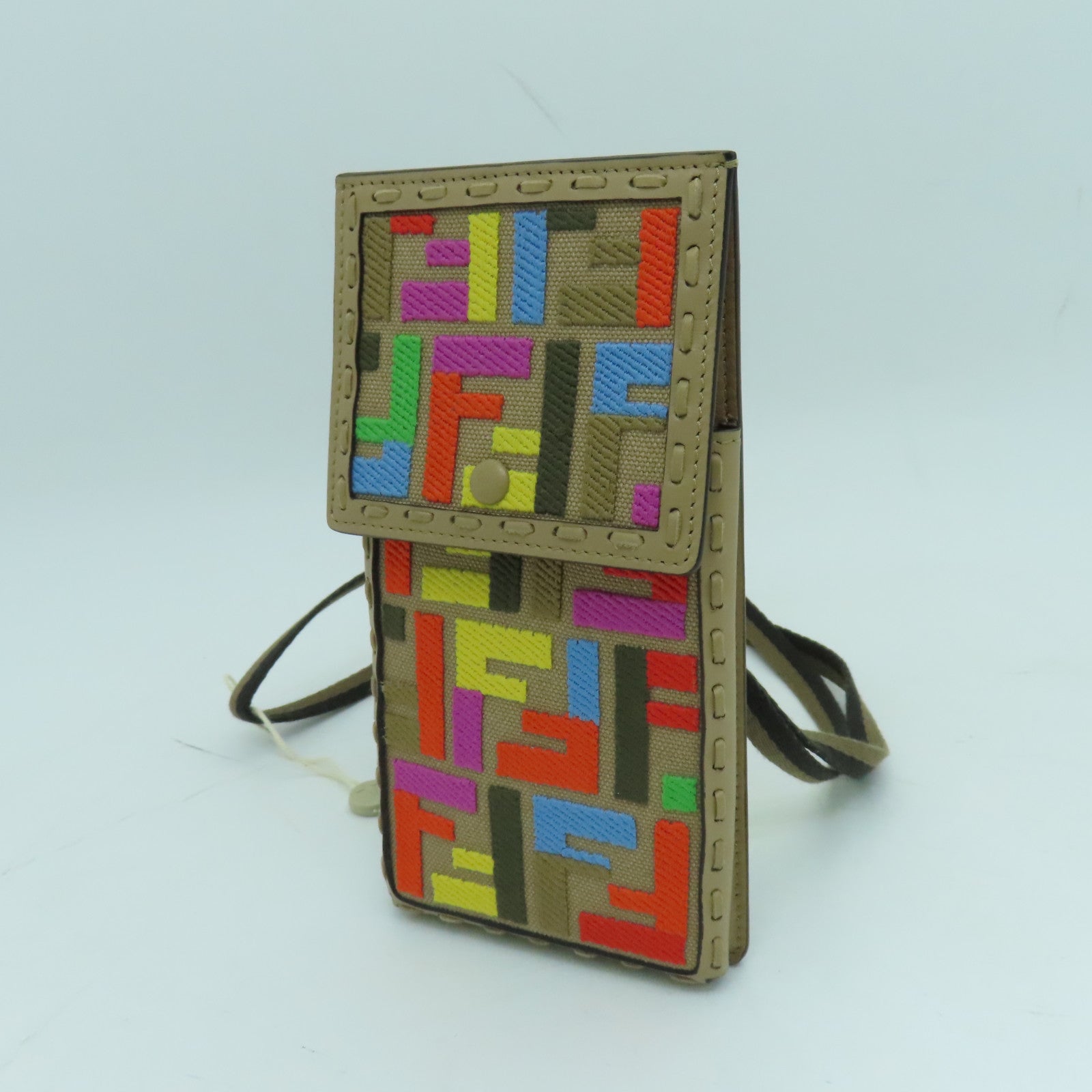 FENDI 帆布/皮革Phone Case金扣手機袋米色/彩色