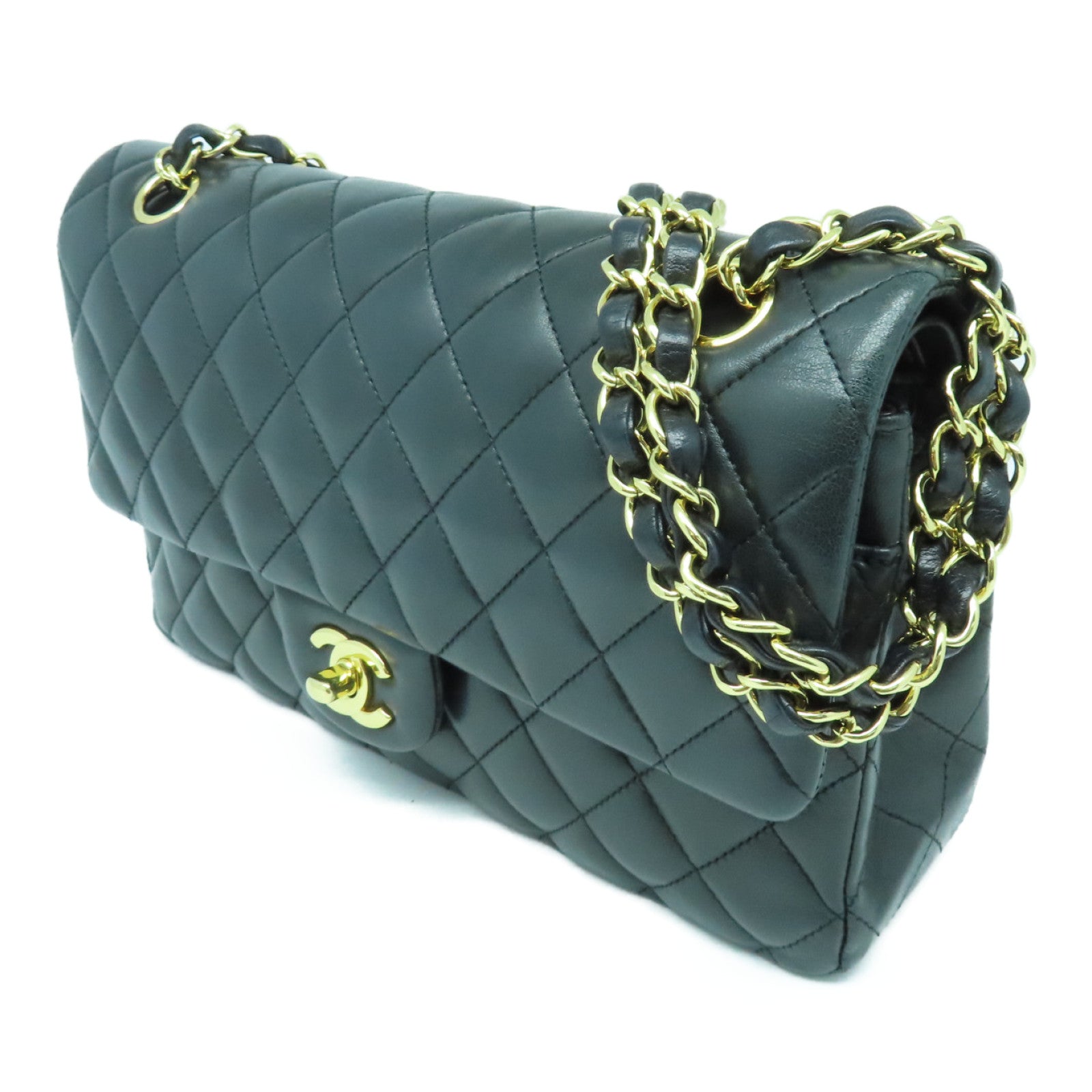 CHANEL 菱格羊皮皮革Classic Medium Bag金扣链带肩背袋黑色