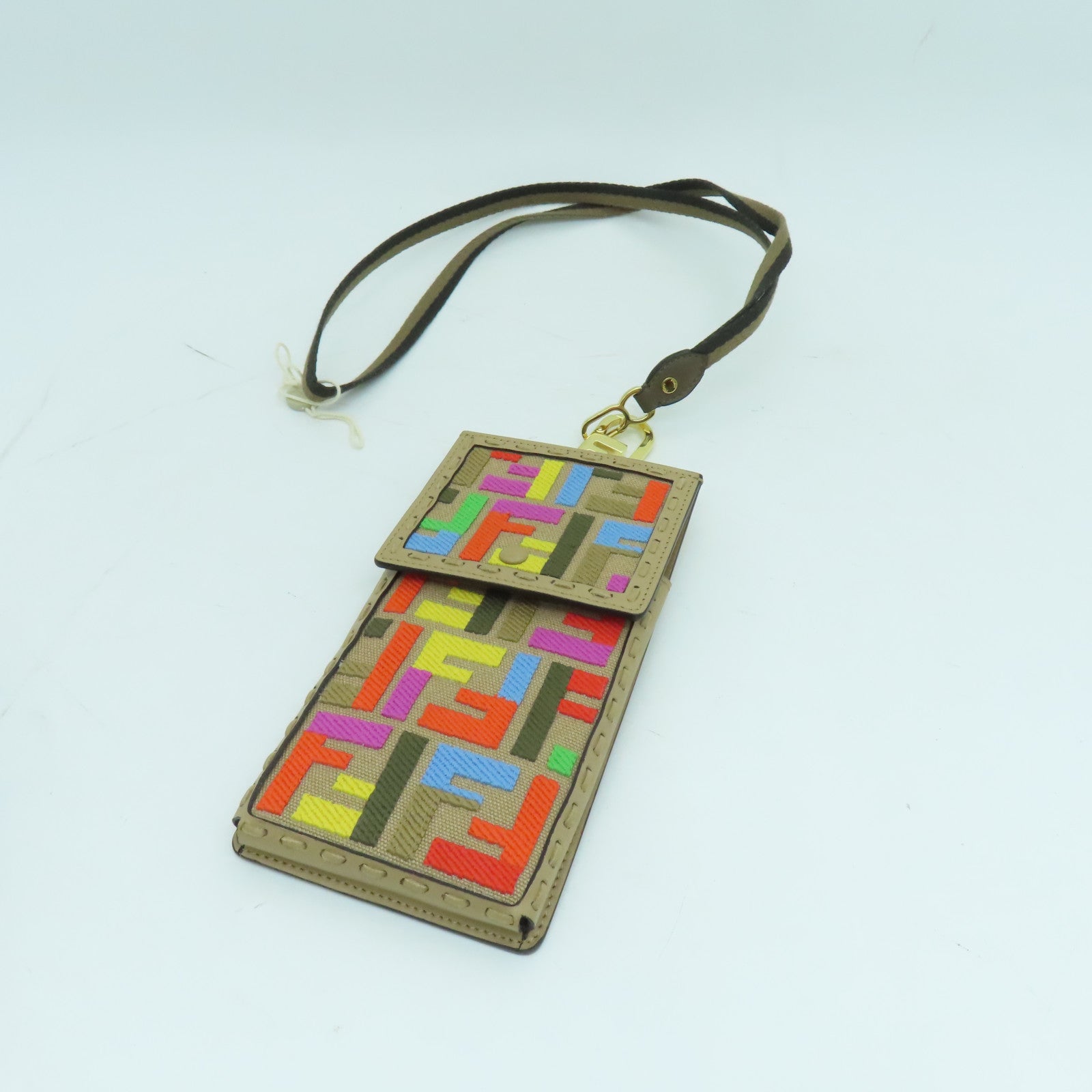 FENDI 帆布/皮革Phone Case金扣手機袋米色/彩色