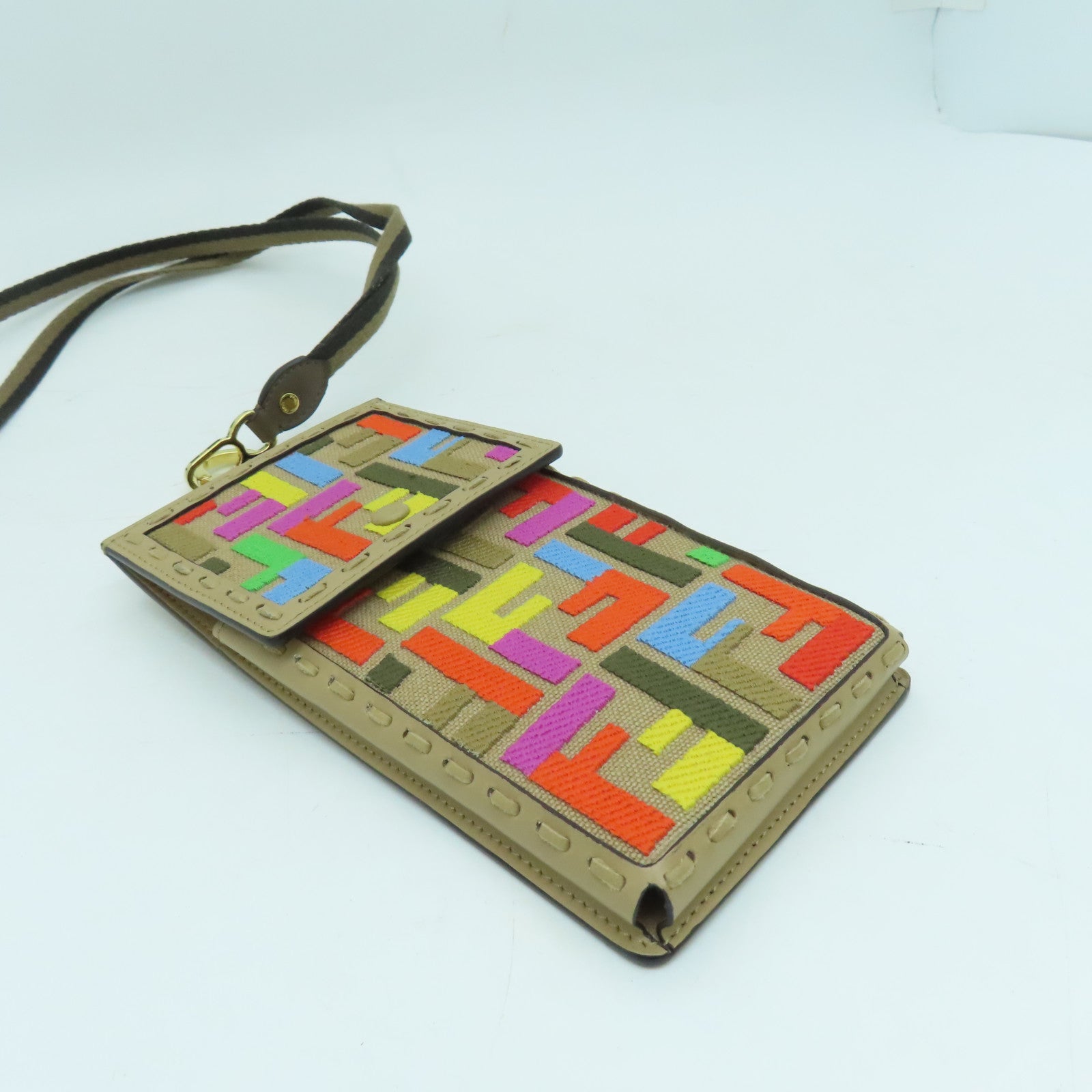 FENDI 帆布/皮革Phone Case金扣手機袋米色/彩色