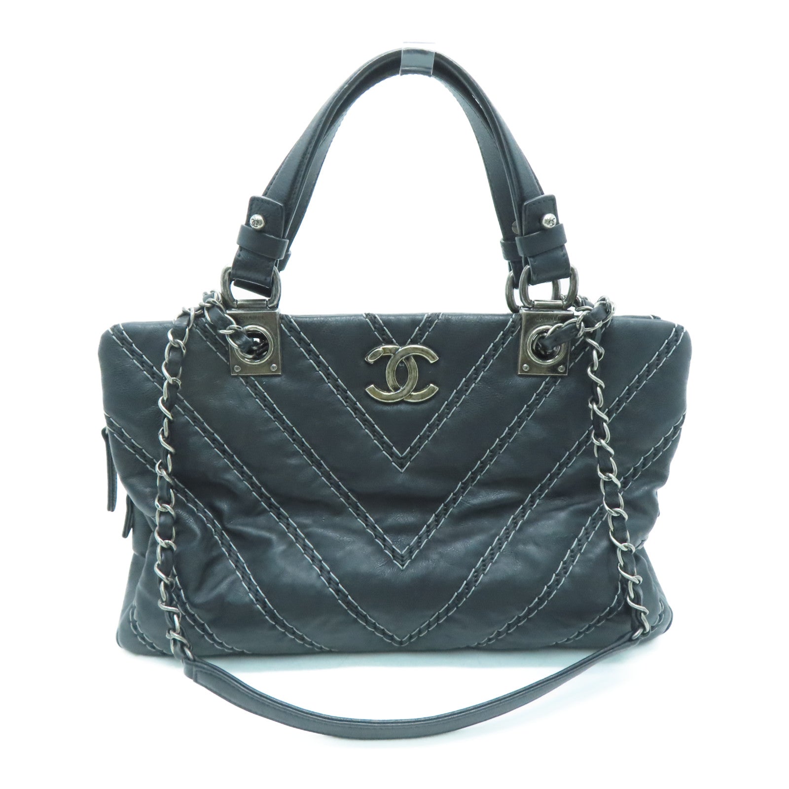 CHANEL [Sharp Discount] Twill Cowhide Leather 2 Way Shoulder Silver Buckle Handle Shoulder Back Dual-purpose Bag Black