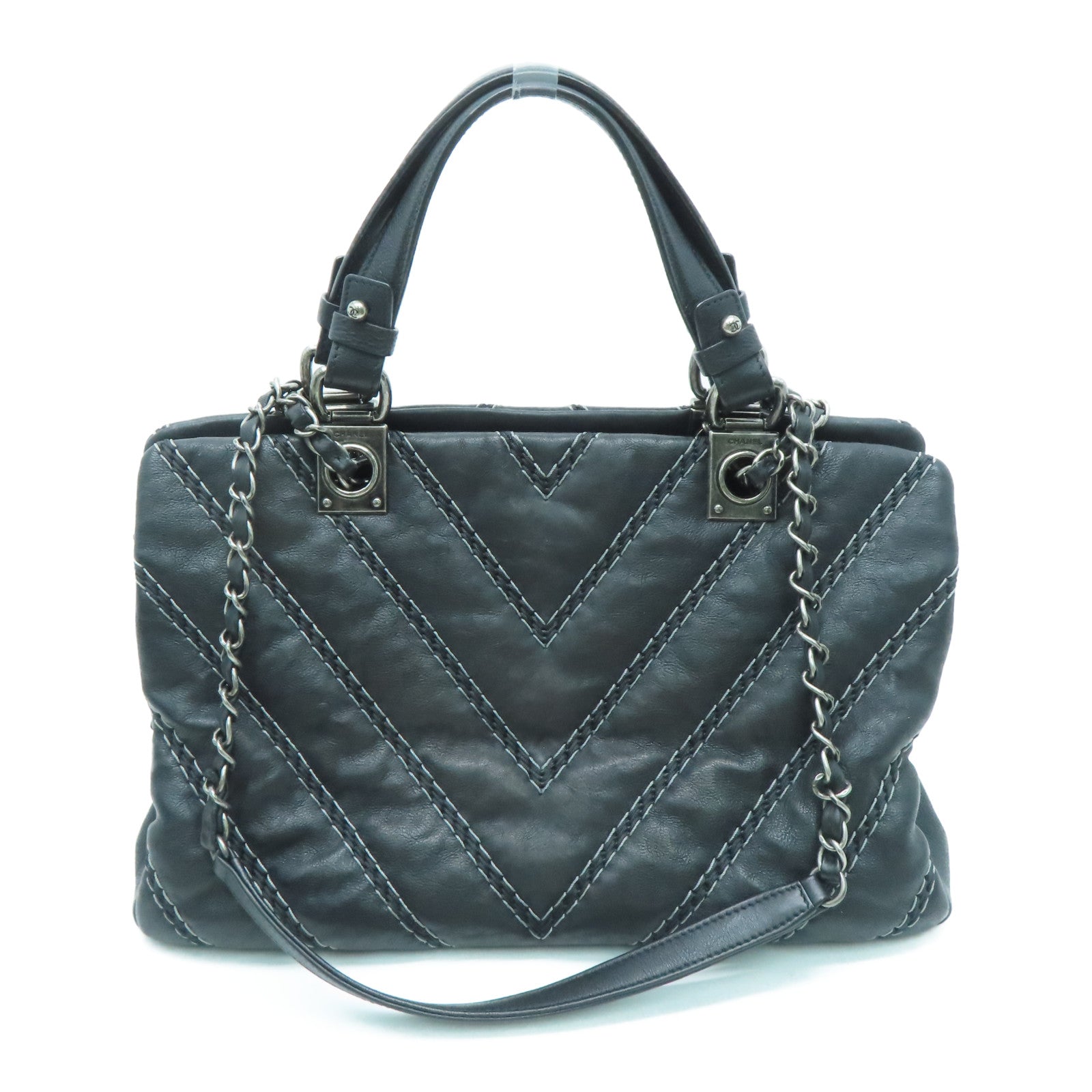 CHANEL [Sharp Discount] Twill Cowhide Leather 2 Way Shoulder Silver Buckle Handle Shoulder Back Dual-purpose Bag Black