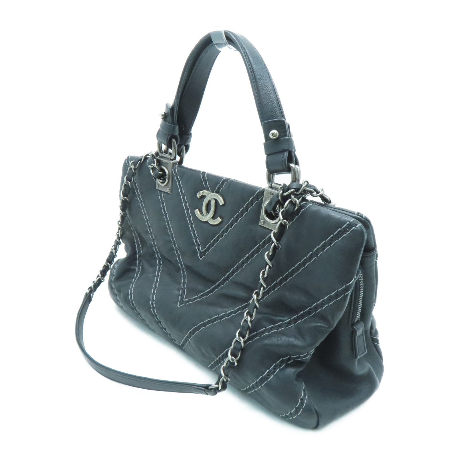CHANEL [Sharp Discount] Twill Cowhide Leather 2 Way Shoulder Silver Buckle Handle Shoulder Back Dual-purpose Bag Black