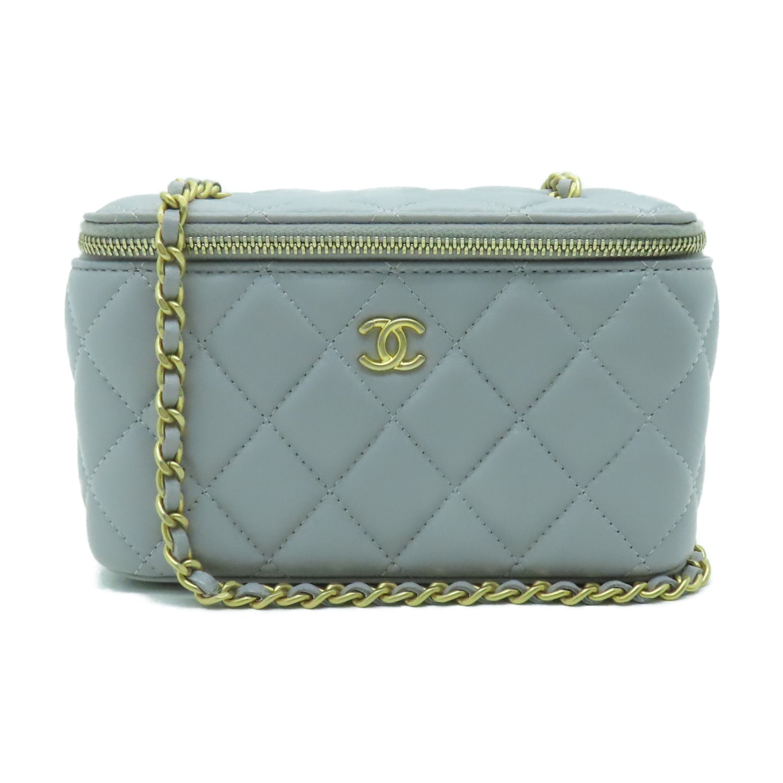 CHANEL 菱格羊皮皮革Chain Shoulder金扣鏈帶肩背袋淺灰色