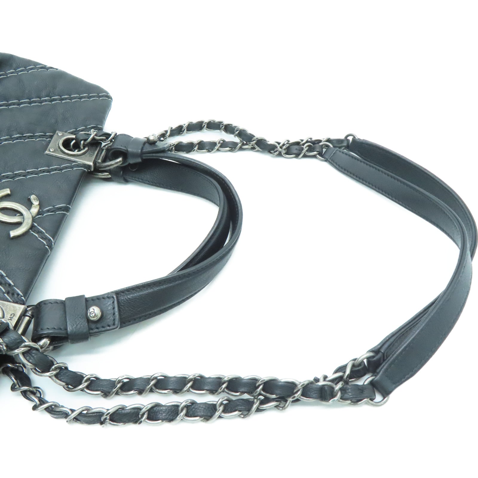 CHANEL [Sharp Discount] Twill Cowhide Leather 2 Way Shoulder Silver Buckle Handle Shoulder Back Dual-purpose Bag Black