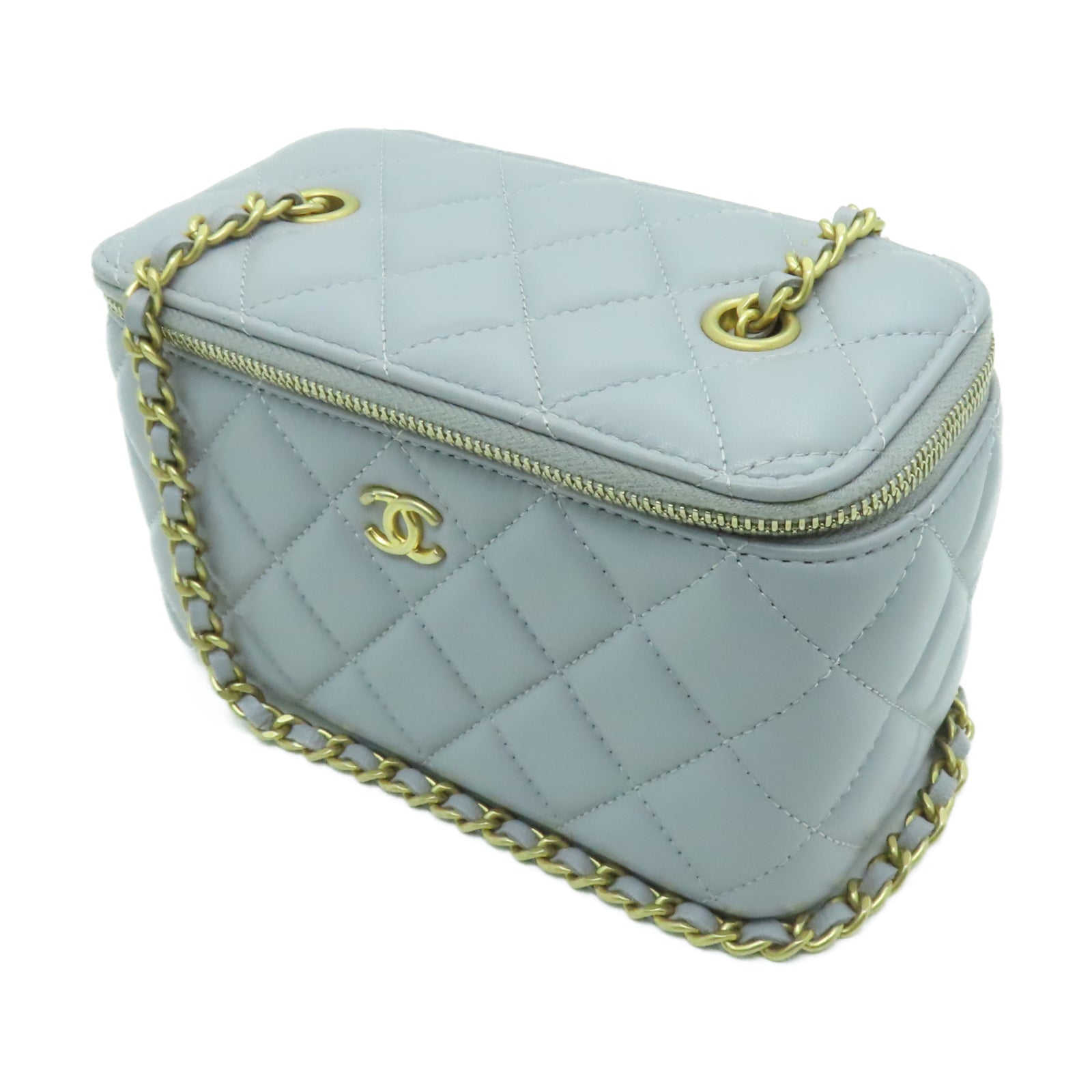 CHANEL 菱格羊皮皮革Chain Shoulder金扣鏈帶肩背袋淺灰色
