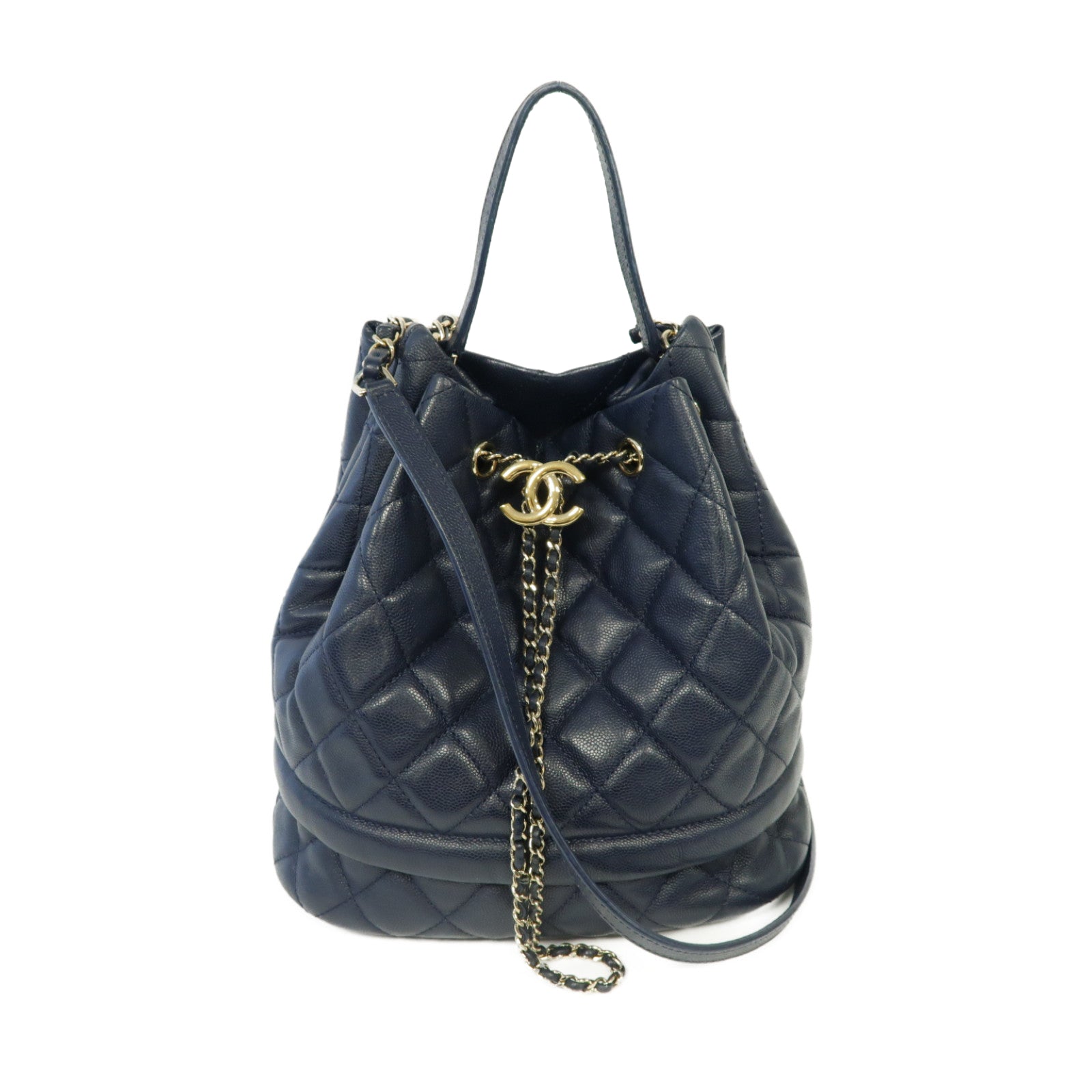 CHANEL 菱格Caviar皮革Bucket Bag金扣手挽肩背兩用袋藍色