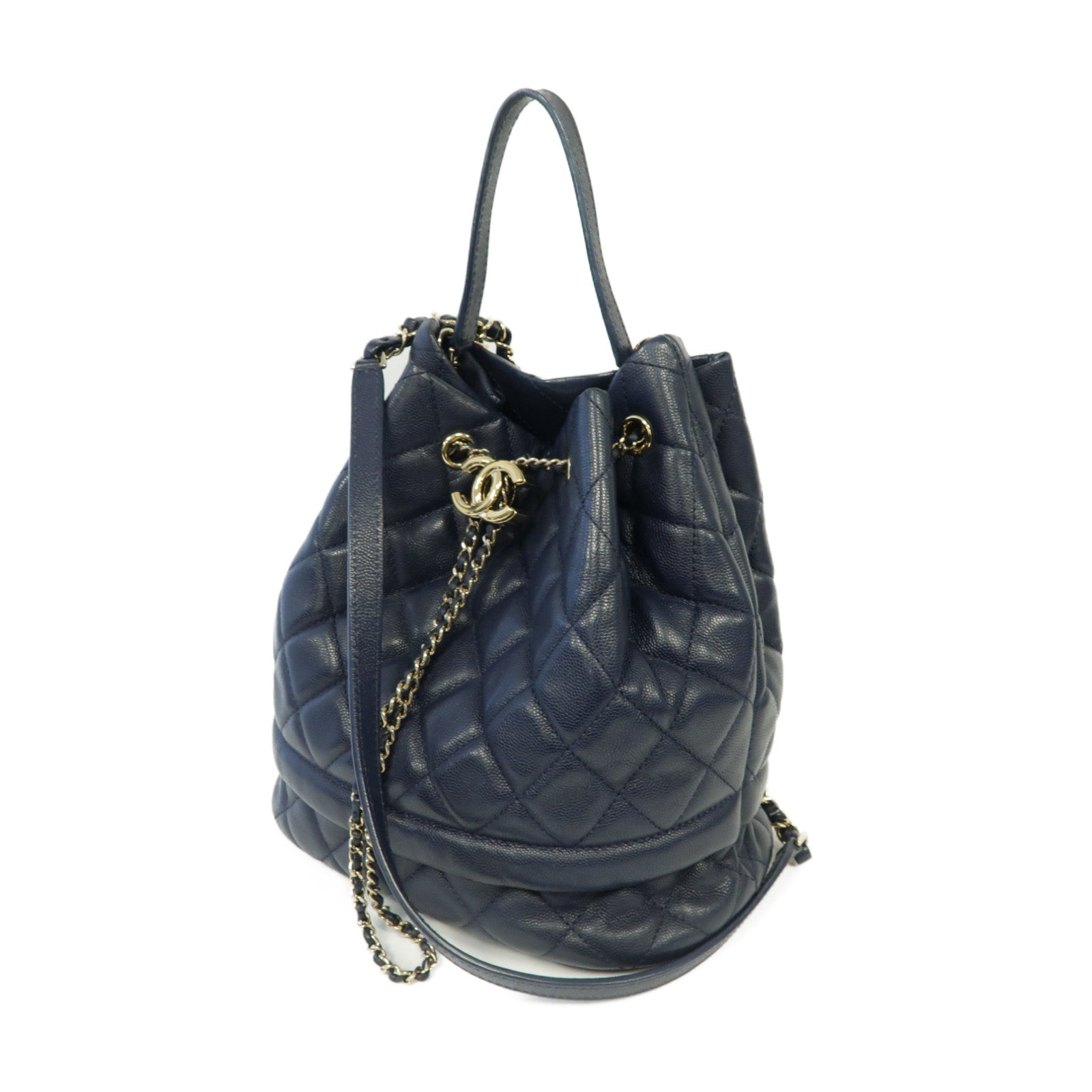 CHANEL 菱格Caviar皮革Bucket Bag金扣手挽肩背兩用袋藍色