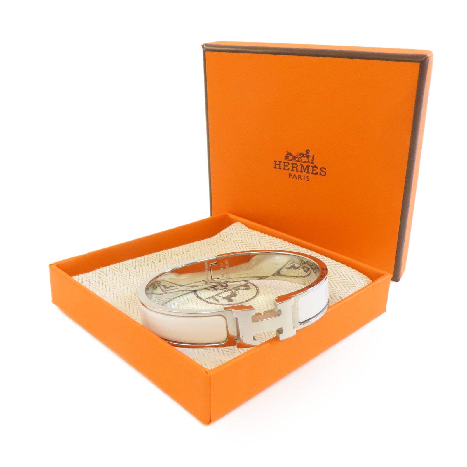 HERMES 金屬/琺瑯Clic H Bracelet銀扣手鐲白色/銀色