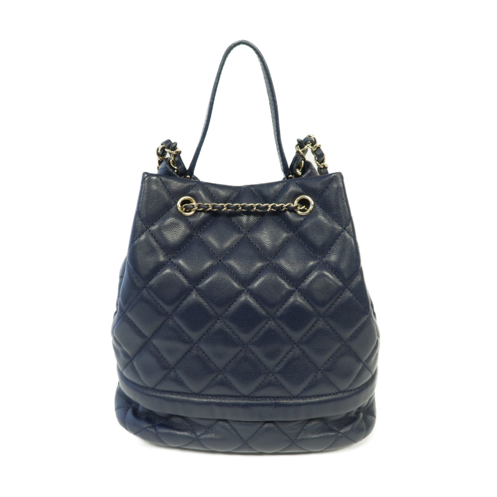 CHANEL 菱格Caviar皮革Bucket Bag金扣手挽肩背兩用袋藍色