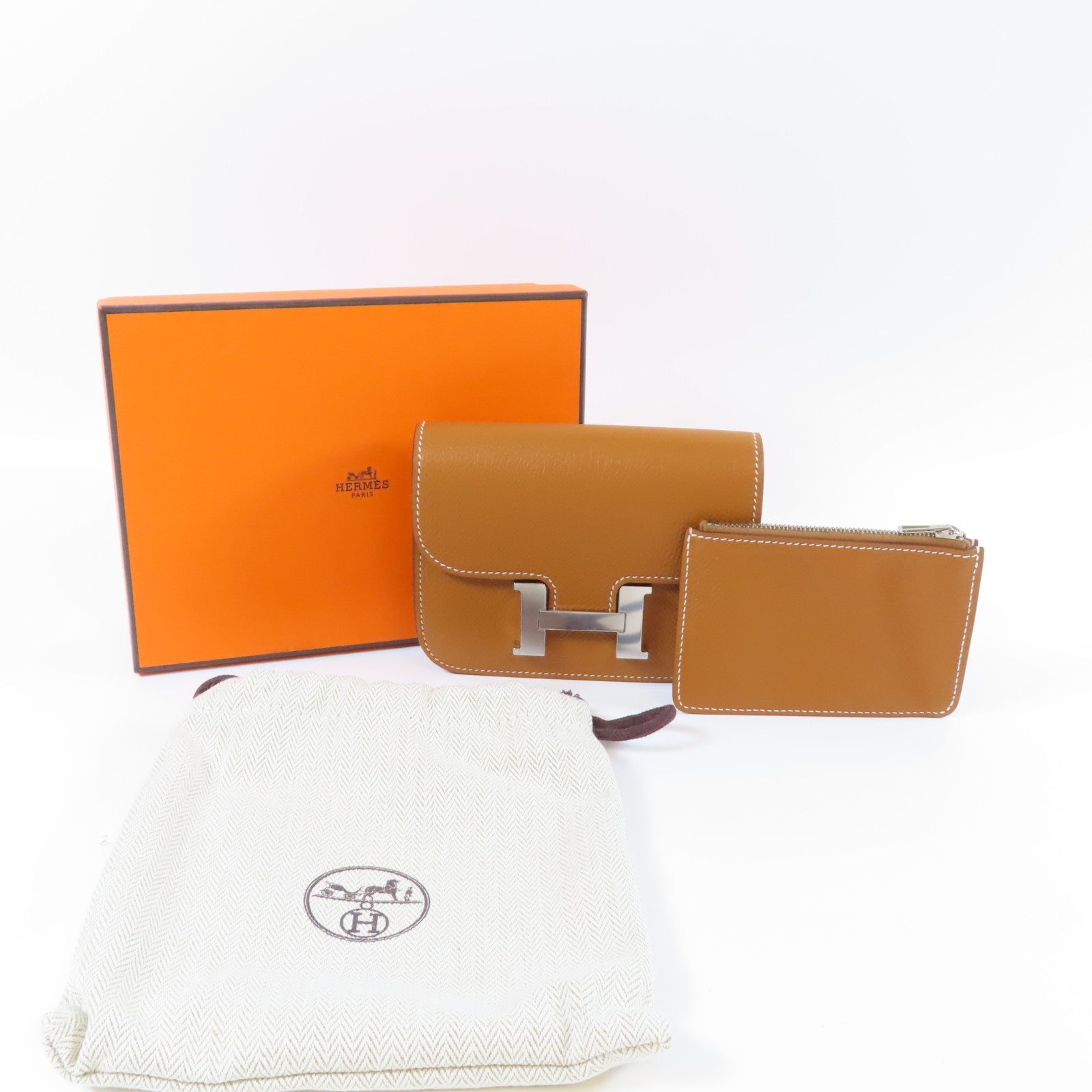HERMES Epsom皮革Constance Slim銀扣錢包Gold經典駝色