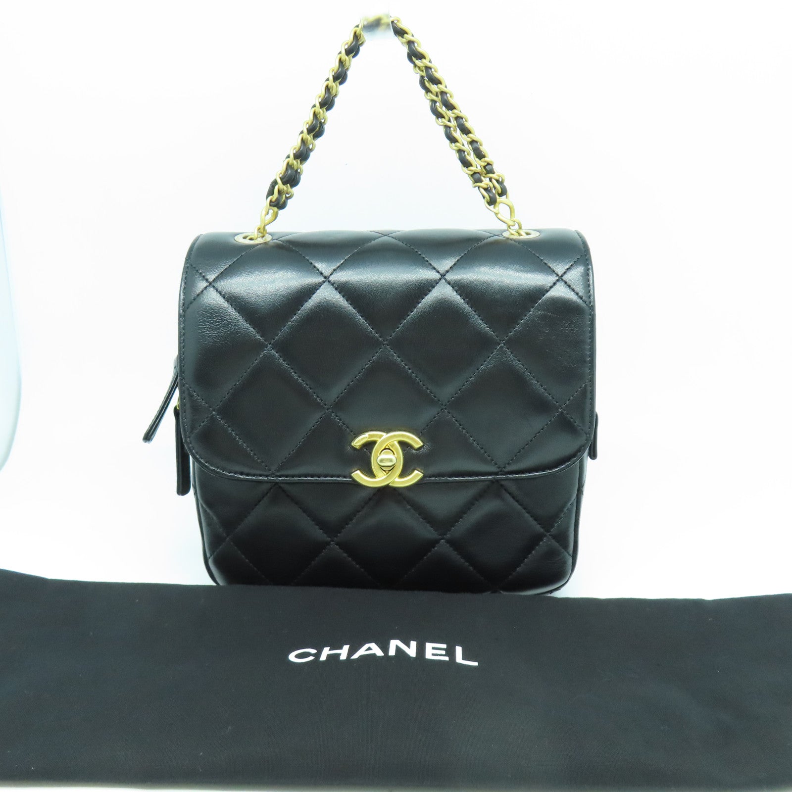 CHANEL 菱格羊皮皮革Backpack金扣背包黑色