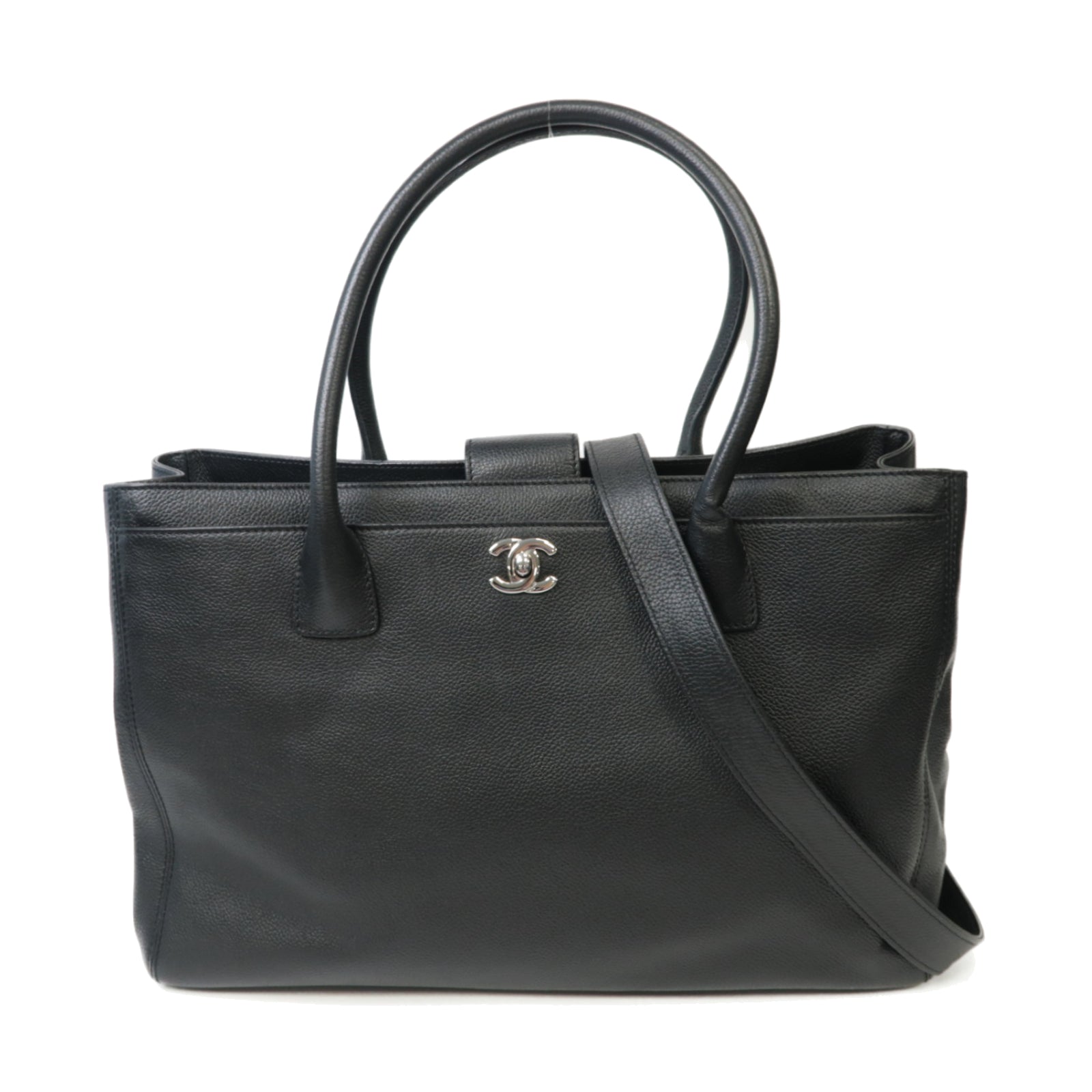 CHANEL 牛皮皮革2 Way Shoulder銀扣手挽肩背兩用袋黑色