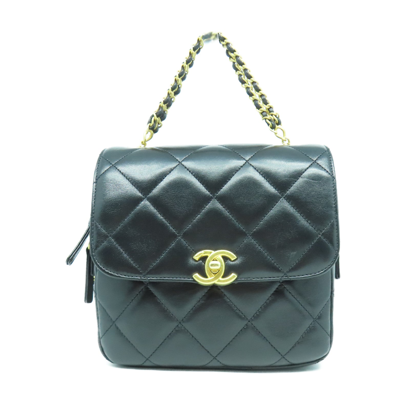 CHANEL 菱格羊皮皮革Backpack金扣背包黑色