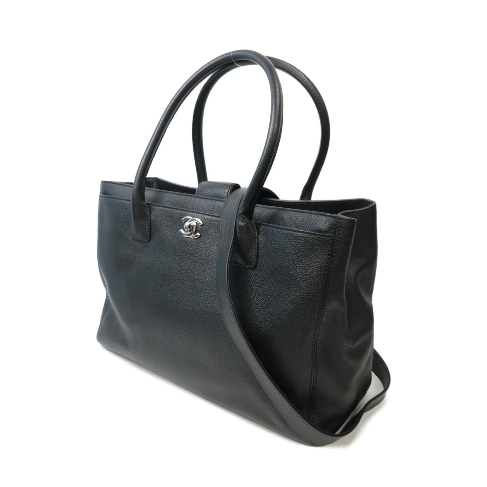 CHANEL 牛皮皮革2 Way Shoulder銀扣手挽肩背兩用袋黑色