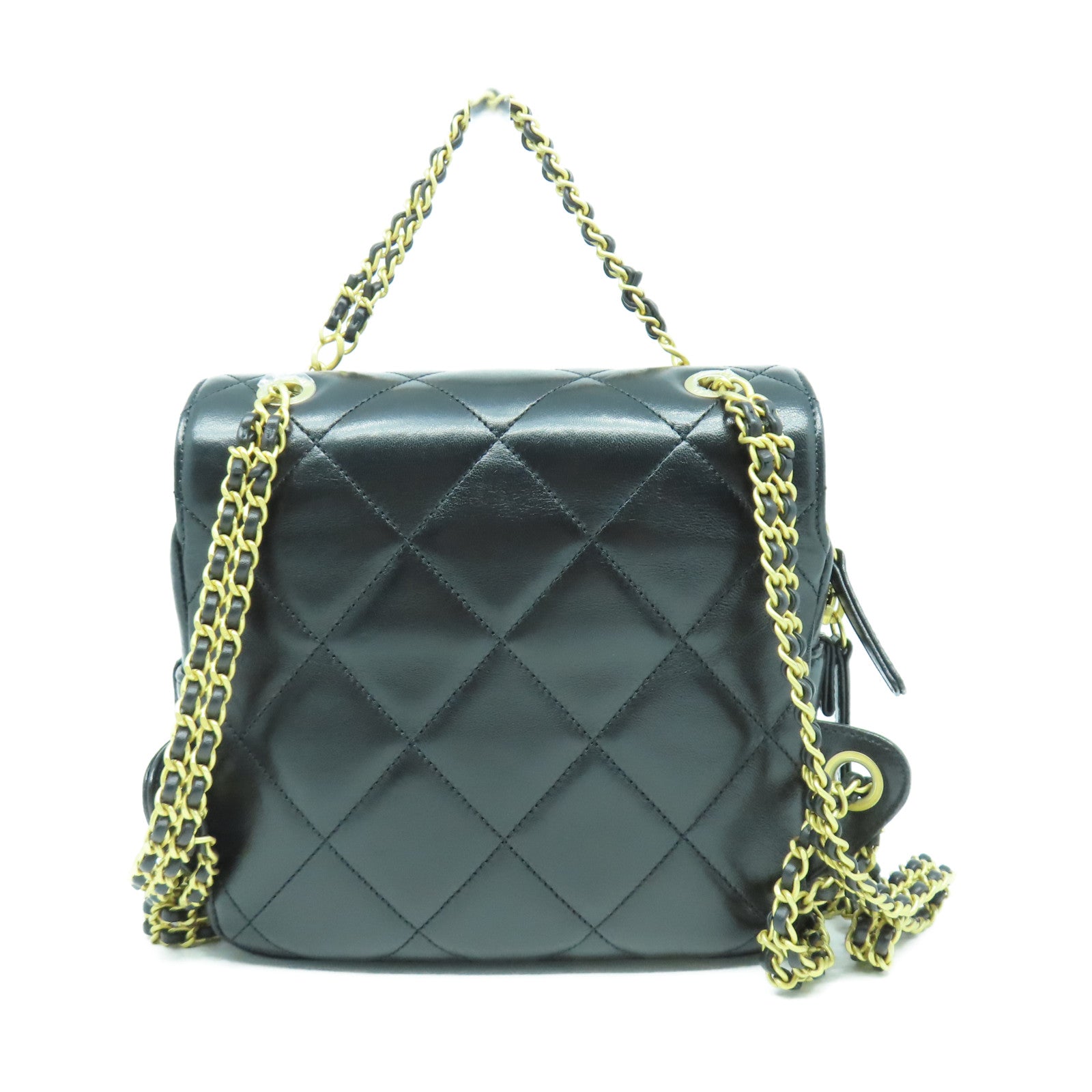CHANEL 菱格羊皮皮革Backpack金扣背包黑色