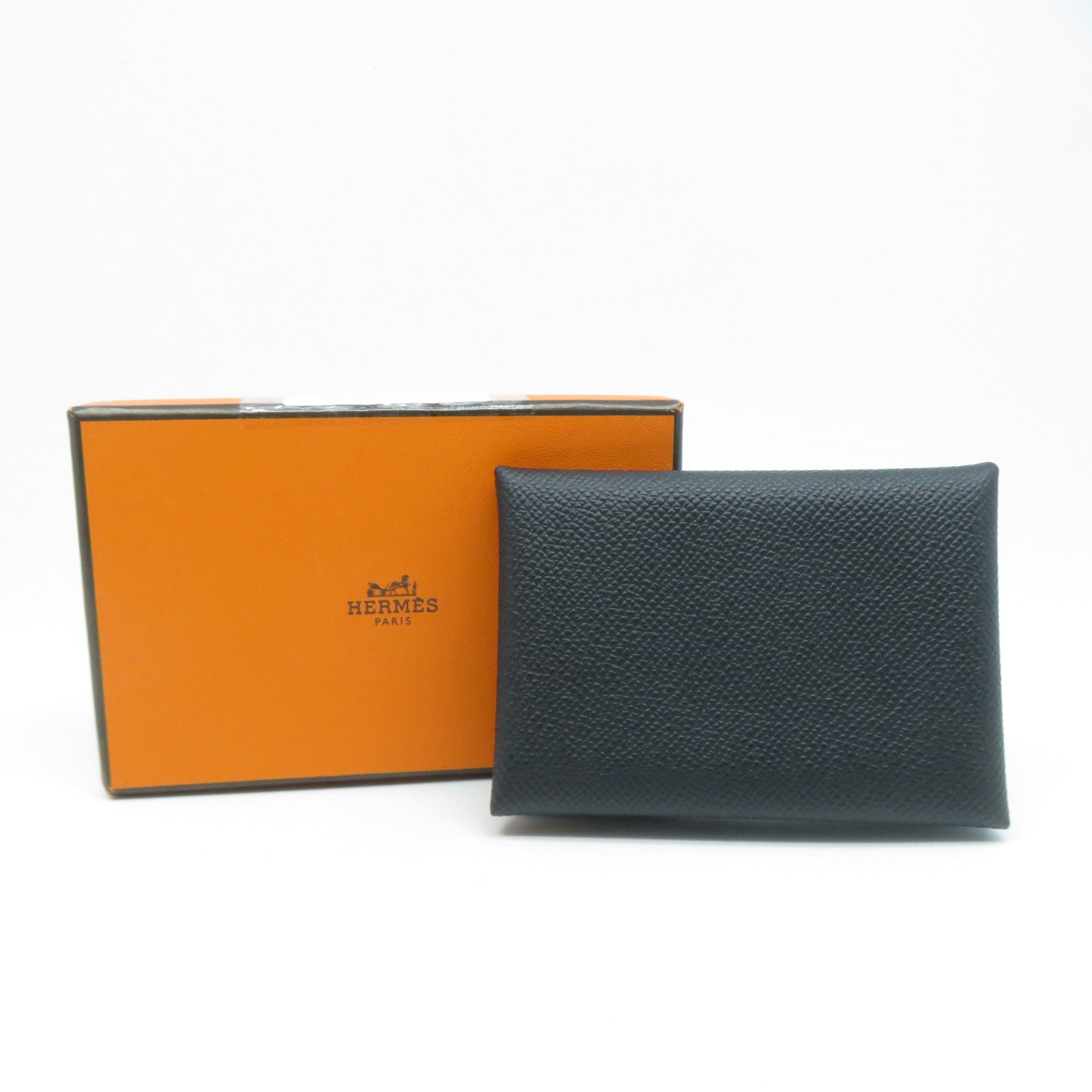 HERMES Epsom皮革Calvi Due銀扣卡片套Noir黑色