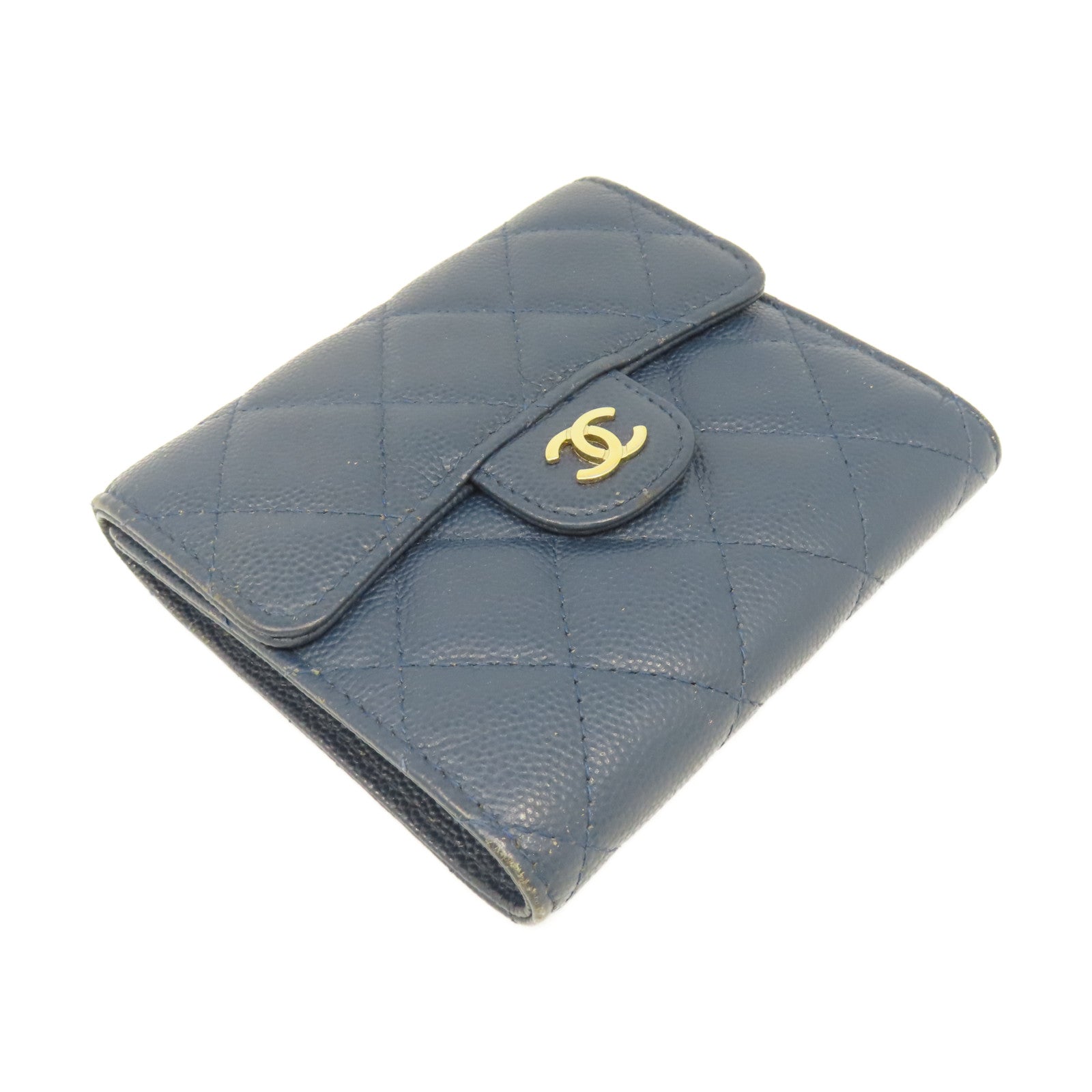 CHANEL 菱格Caviar皮革Wallet銀扣錢包藍色