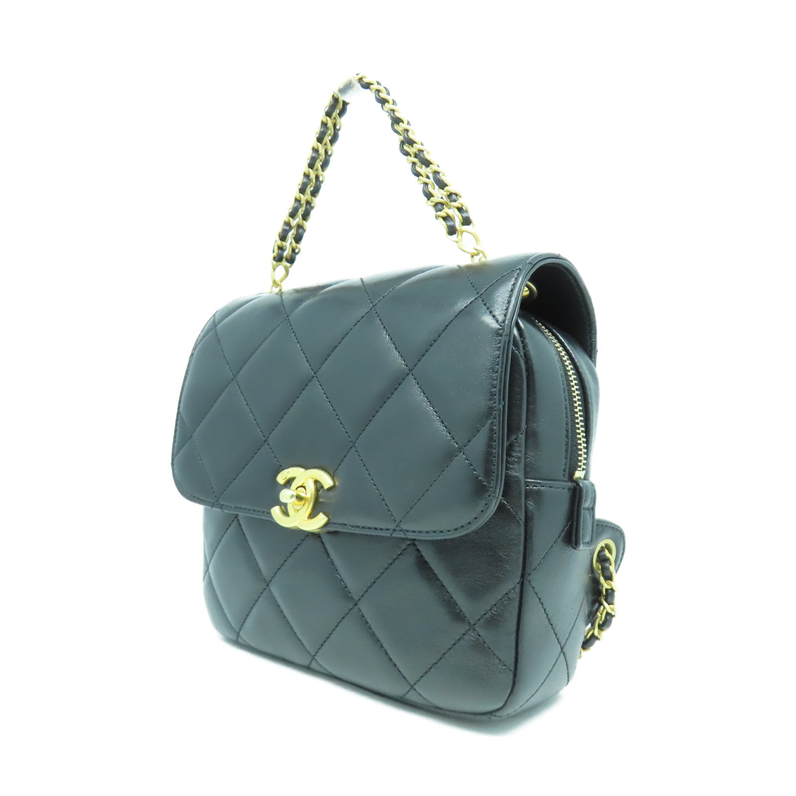 CHANEL 菱格羊皮皮革Backpack金扣背包黑色
