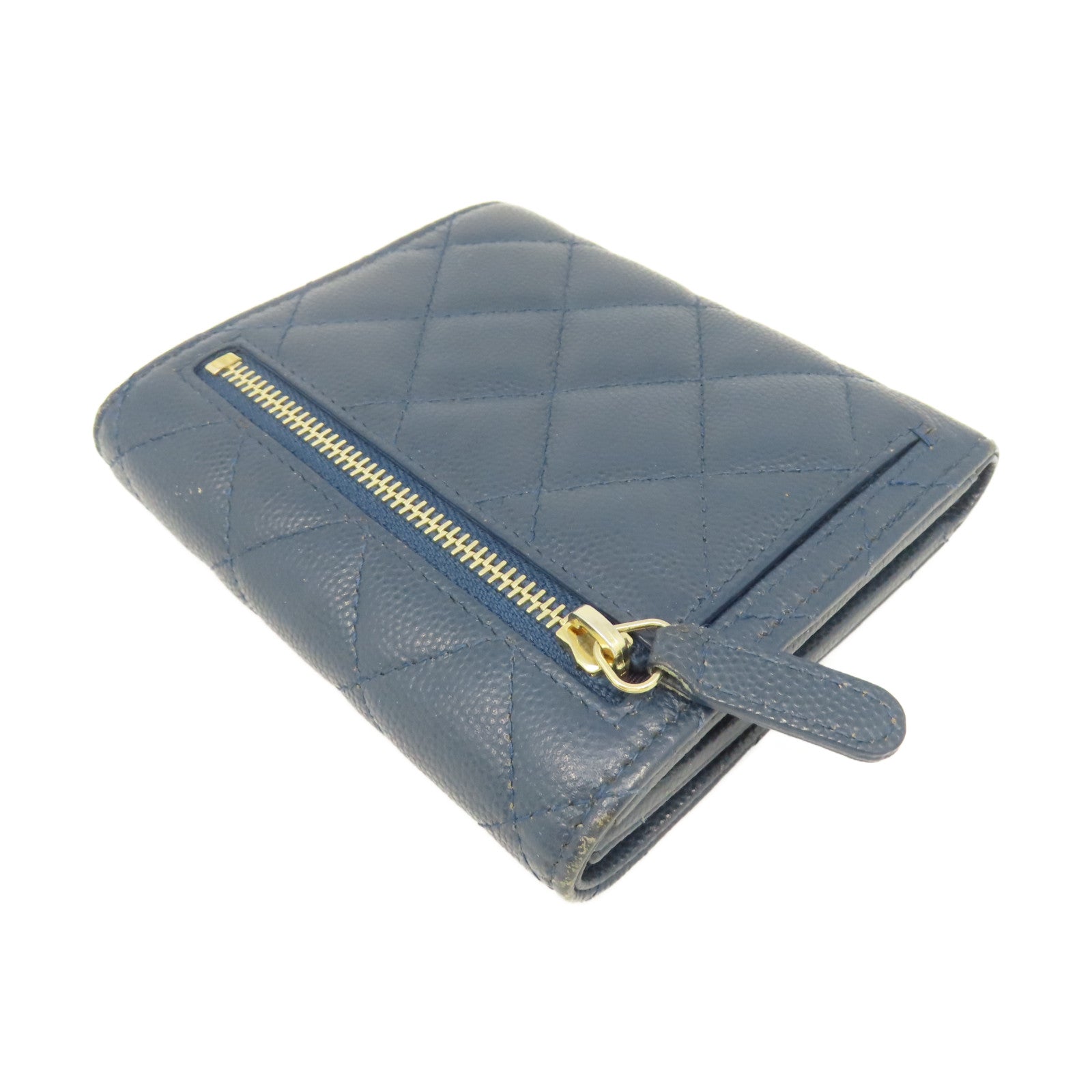 CHANEL 菱格Caviar皮革Wallet銀扣錢包藍色