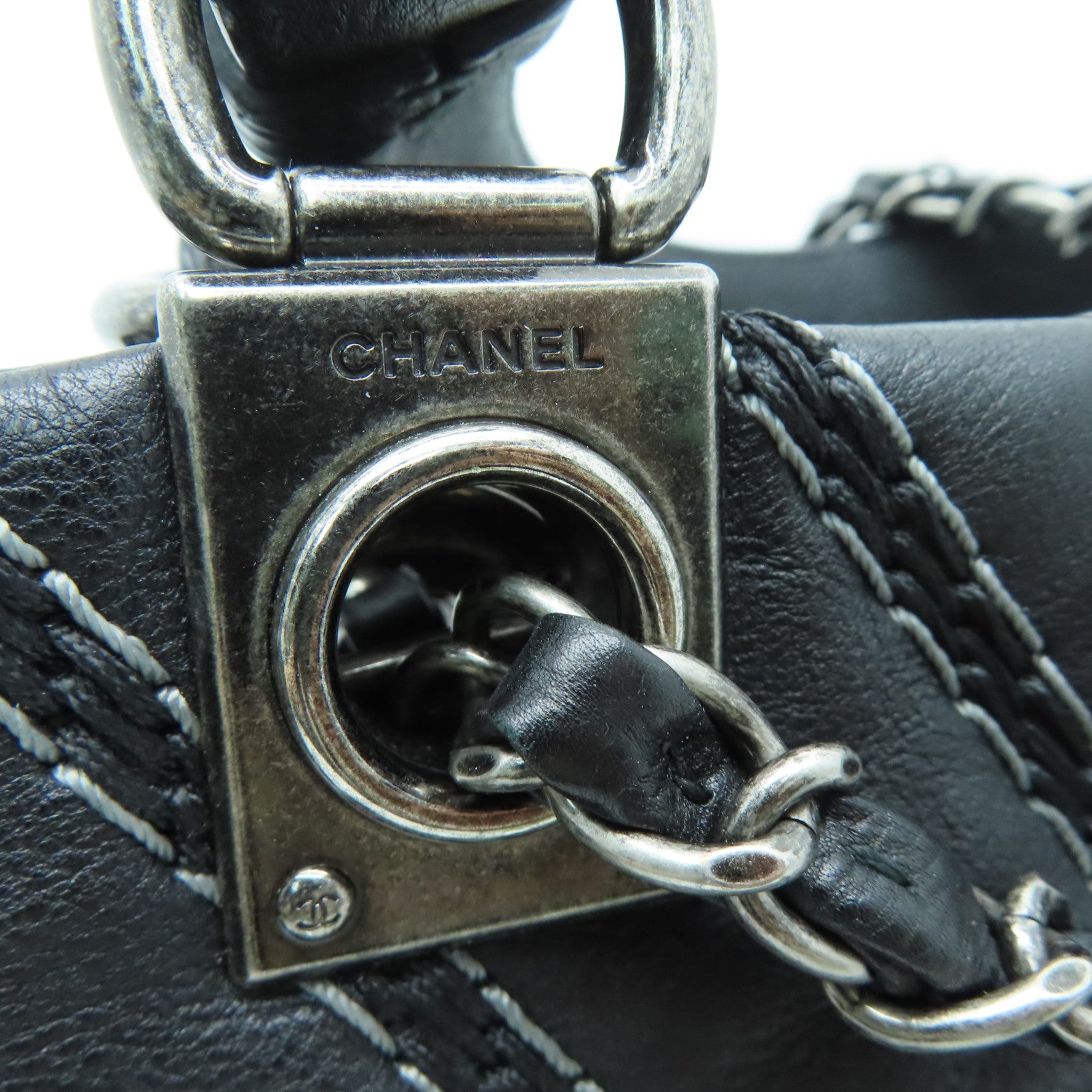CHANEL [Sharp Discount] Twill Cowhide Leather 2 Way Shoulder Silver Buckle Handle Shoulder Back Dual-purpose Bag Black