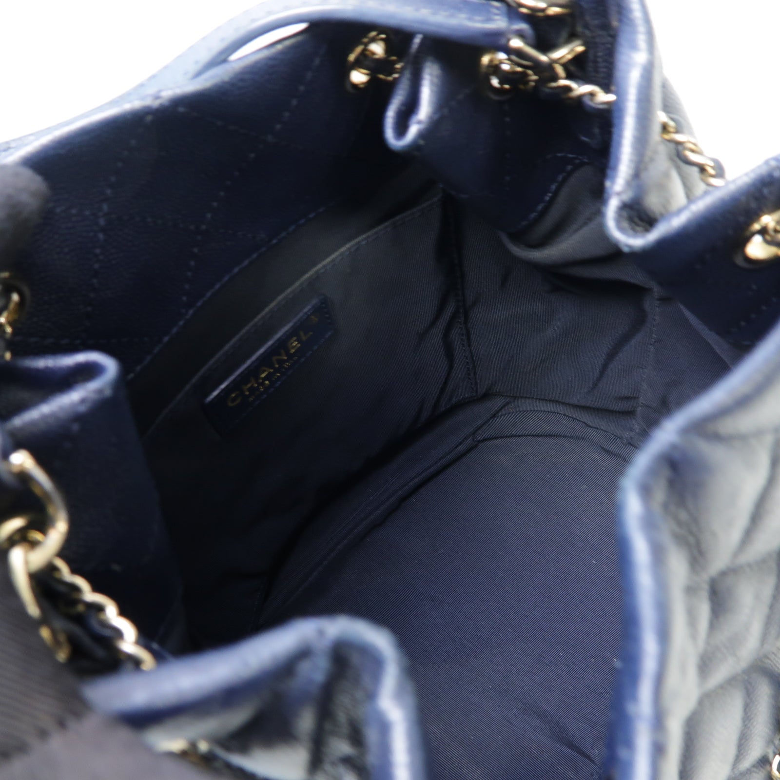 CHANEL 菱格Caviar皮革Bucket Bag金扣手挽肩背兩用袋藍色