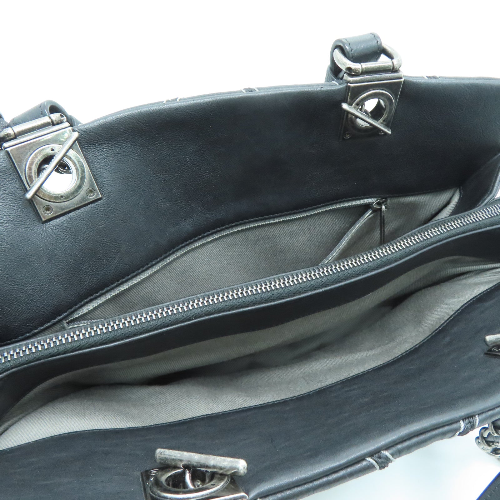 CHANEL [Sharp Discount] Twill Cowhide Leather 2 Way Shoulder Silver Buckle Handle Shoulder Back Dual-purpose Bag Black