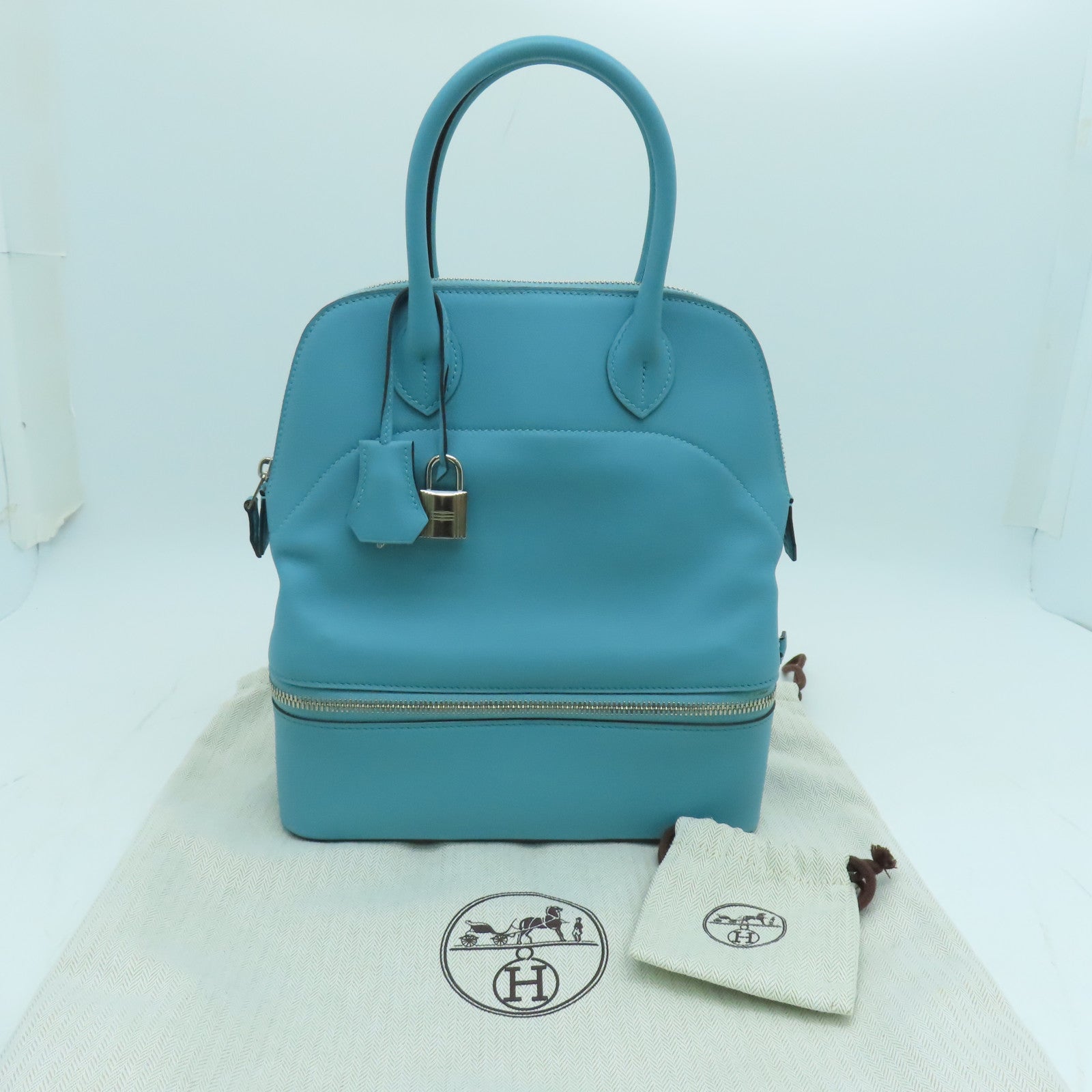 HERMES Swift皮革Bolide Secret銀扣手挽袋聖西爾藍色