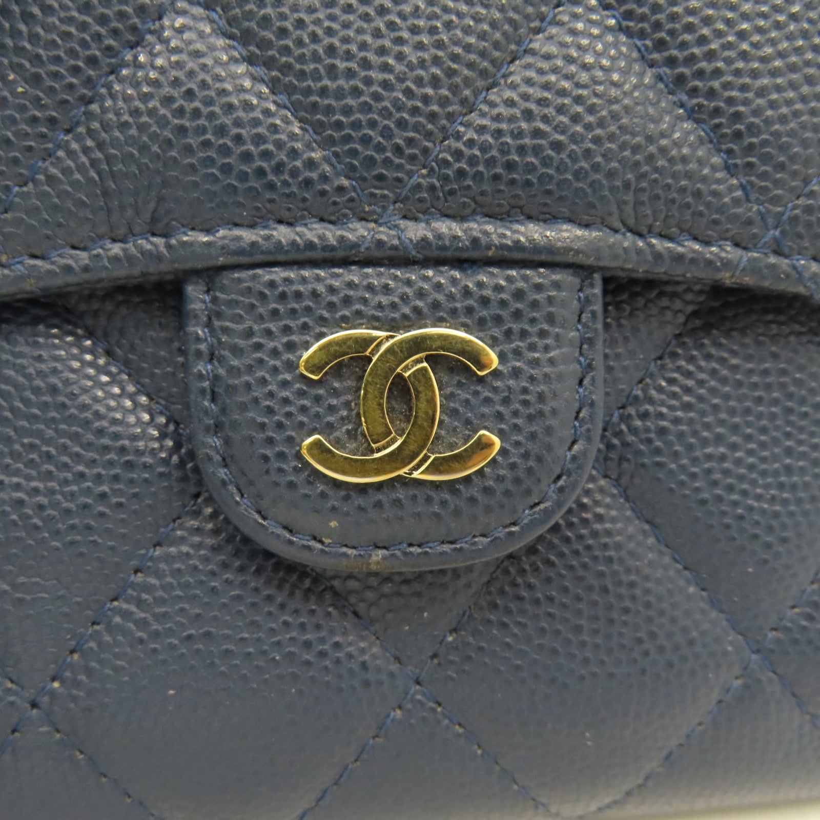 CHANEL 菱格Caviar皮革Wallet銀扣錢包藍色
