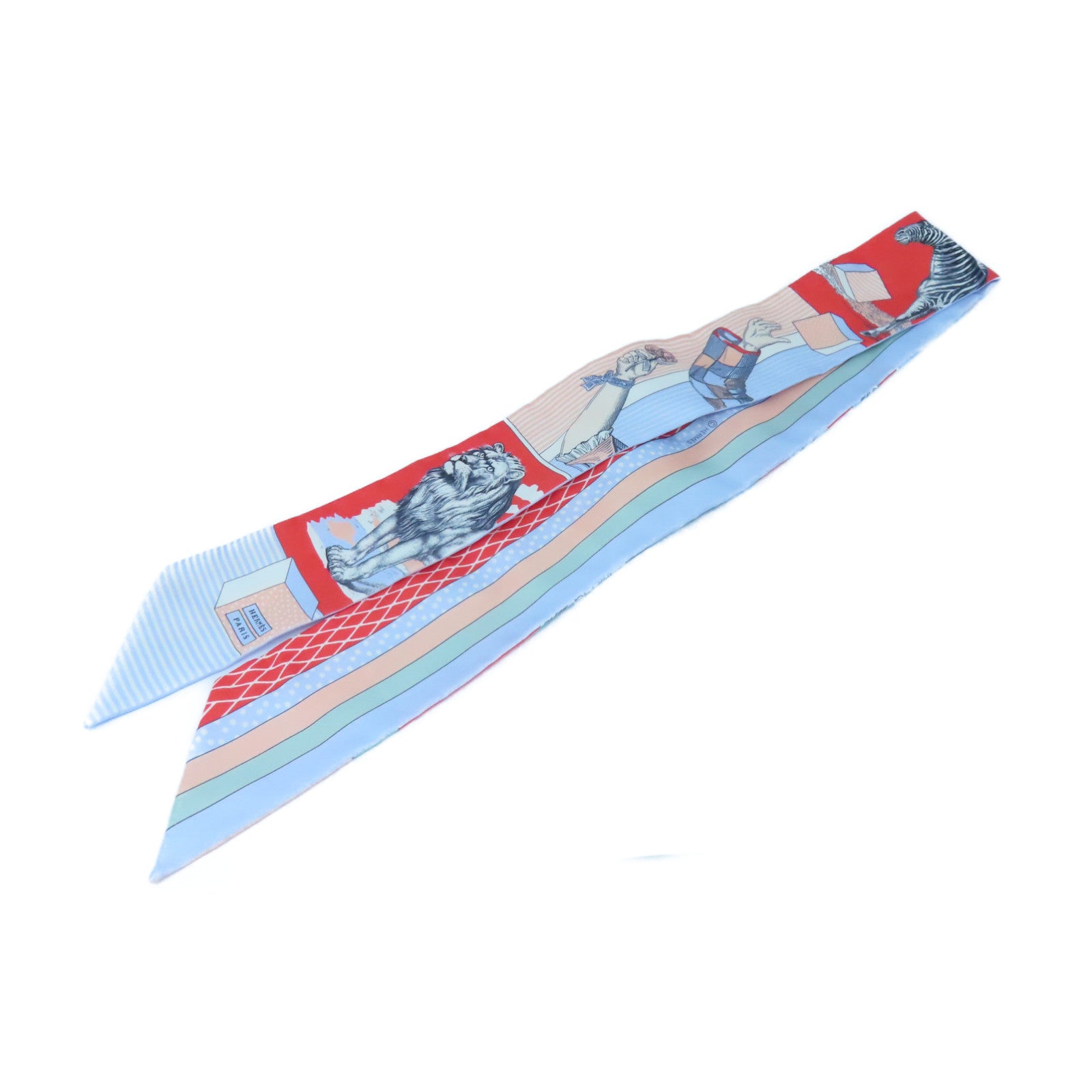 HERMES Silk Twilly Scarf Light Blue/Pink/Red