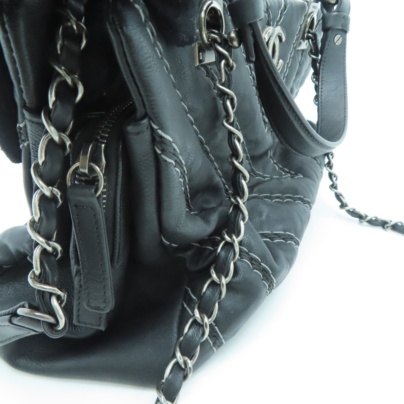 CHANEL [Sharp Discount] Twill Cowhide Leather 2 Way Shoulder Silver Buckle Handle Shoulder Back Dual-purpose Bag Black